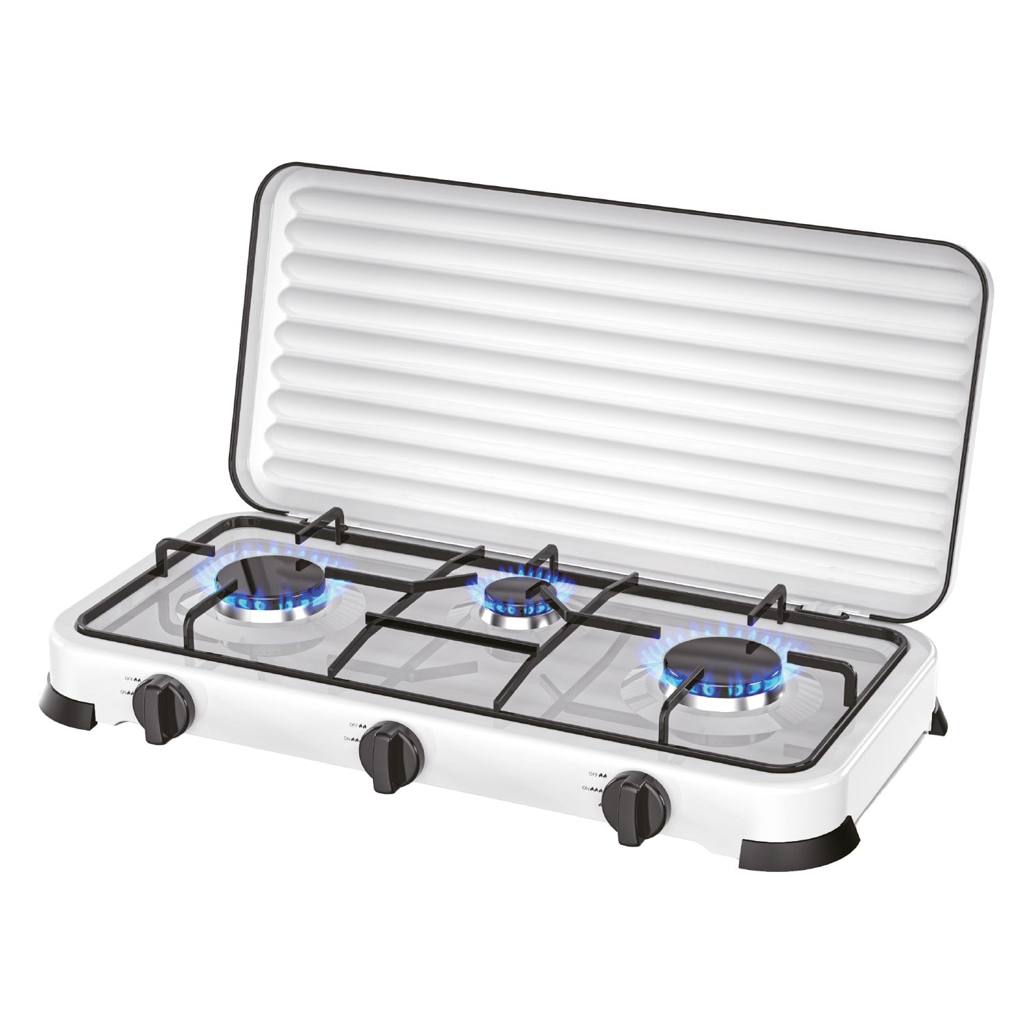 Fornello a gas portatile a 3 fuochi 2,2kW+1,0kW con pannello smerigliato
