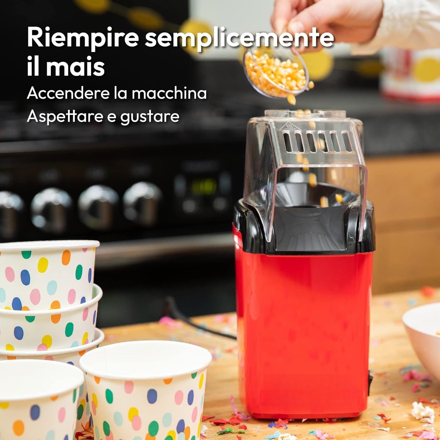 Tekone Macchina per Popcorn 1200W – Con Vaschetta per Burro, Senza Olio