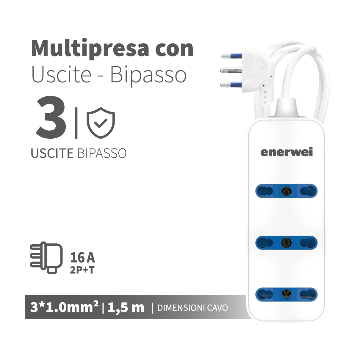 Enerwei Multipresa Bipasso 3-6 Prese | Cavo 1,5 m o 3 m | Max 3680W