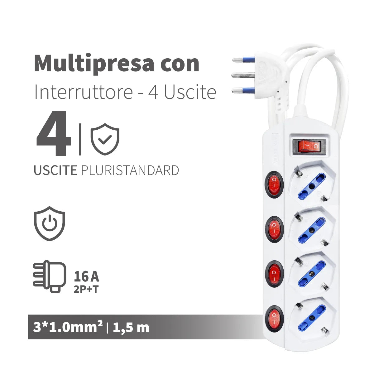 Enerwei Multipresa con Interruttori | 4, 5 o 6 Prese Pluristandard | 1,5 m