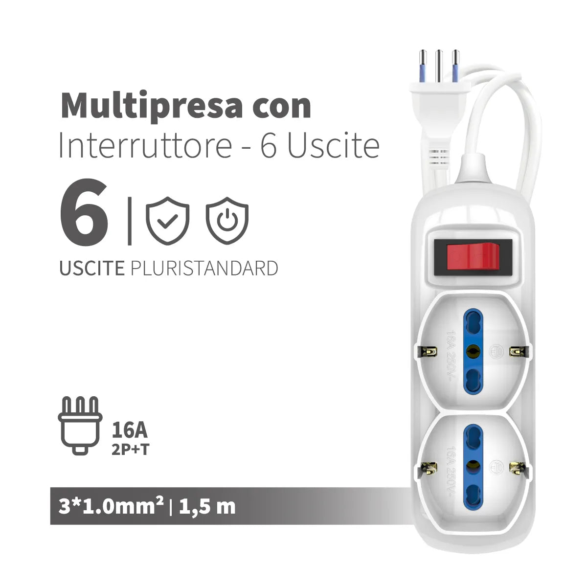 Enerwei Multipresa Pluristandard 6, 9 o 12 Uscite | Interruttore | Cavo 1,5 m