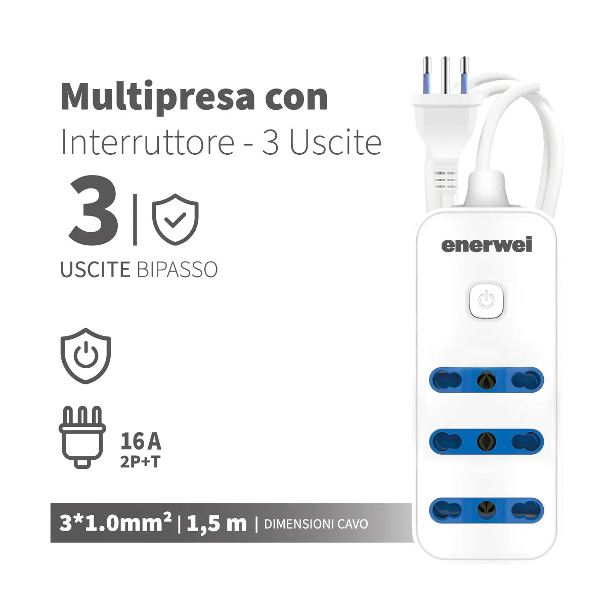 Enerwei Multipresa Bipasso con Interruttore Centrale | 3, 4, 5 o 6 Uscite