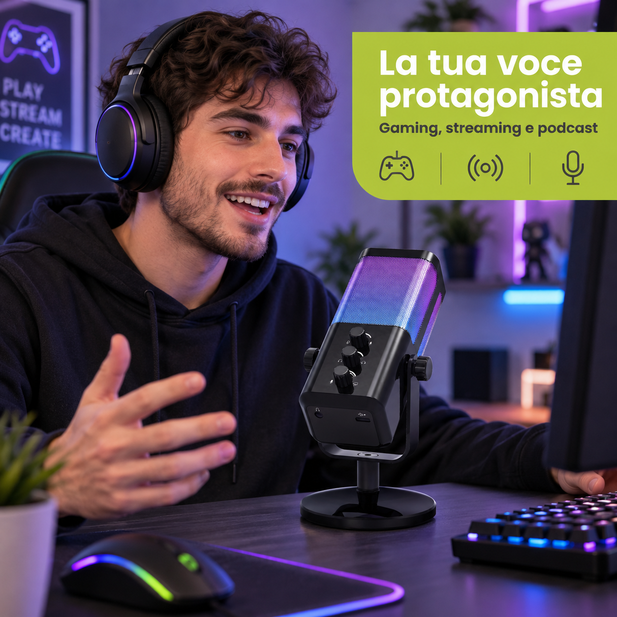 TekOne Microfono USB RGB Cardioide 24 bit/48 kHz con Jack 3,5 mm