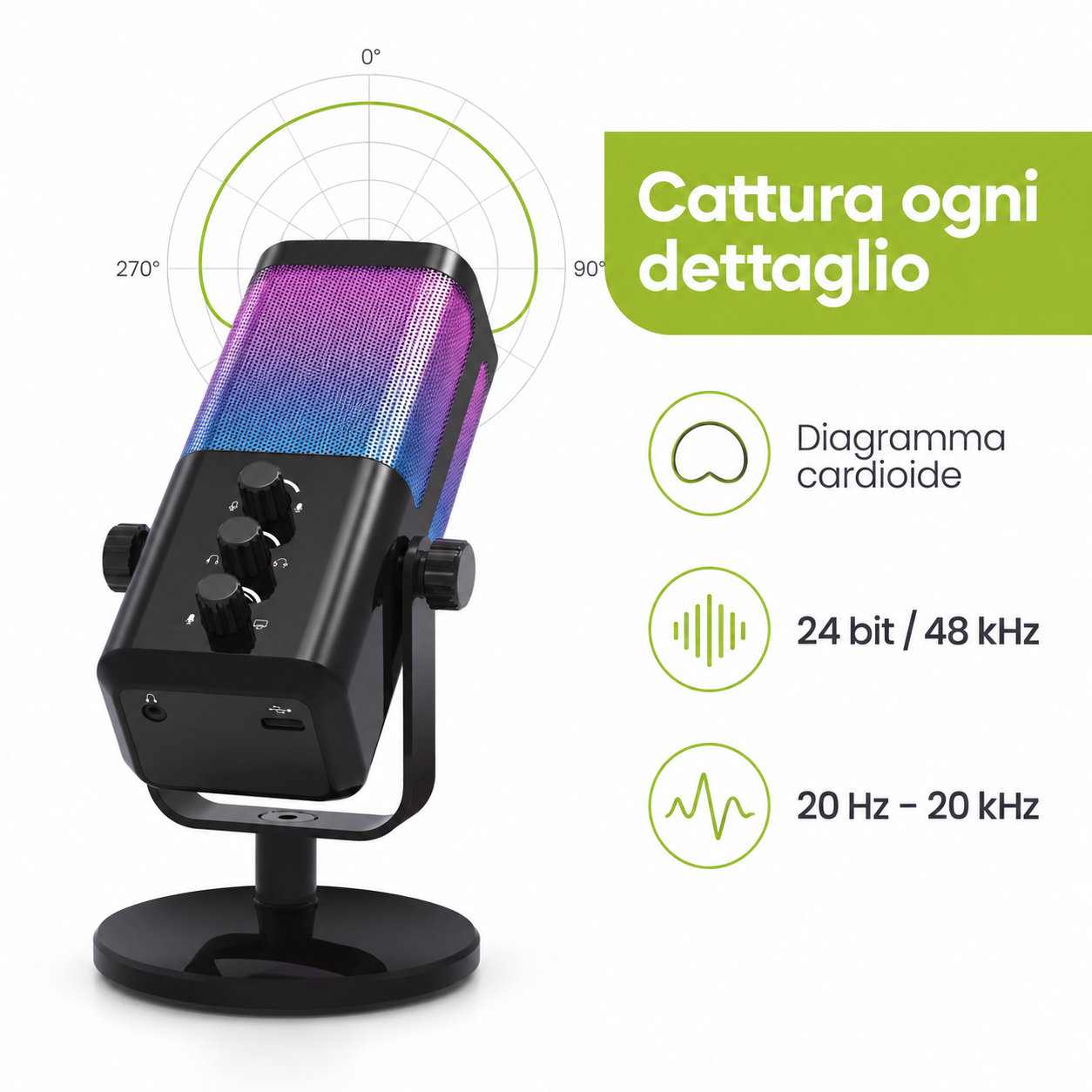 TekOne Microfono USB RGB Cardioide 24 bit/48 kHz con Jack 3,5 mm