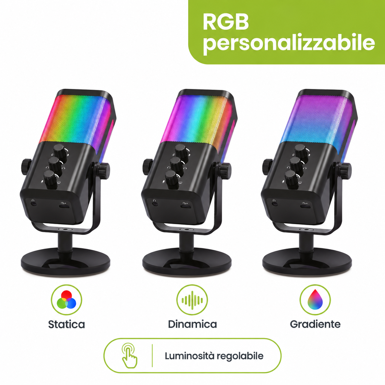 TekOne Microfono USB RGB Cardioide 24 bit/48 kHz con Jack 3,5 mm