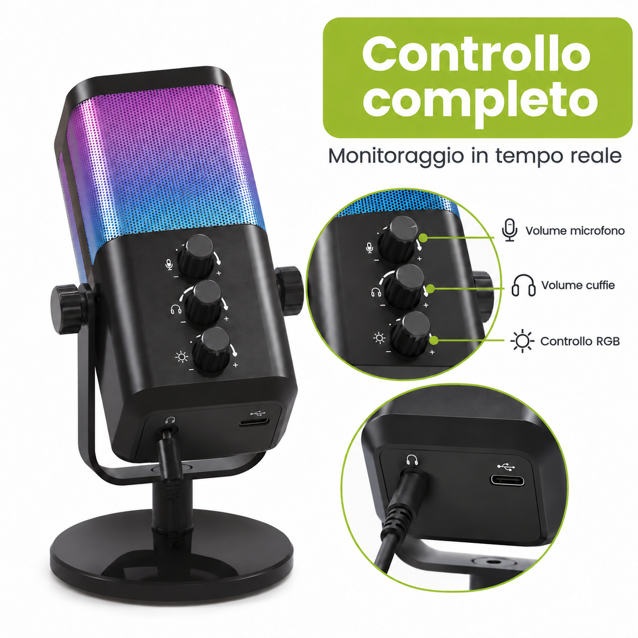 TekOne Microfono USB RGB Cardioide 24 bit/48 kHz con Jack 3,5 mm