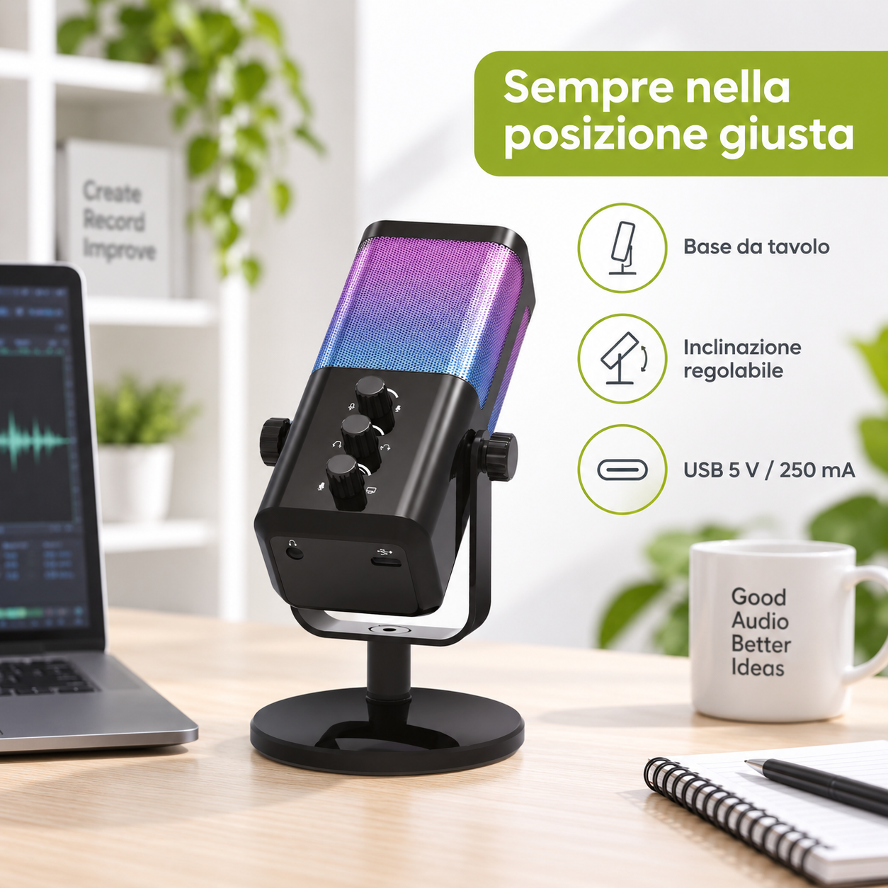 TekOne Microfono USB RGB Cardioide 24 bit/48 kHz con Jack 3,5 mm