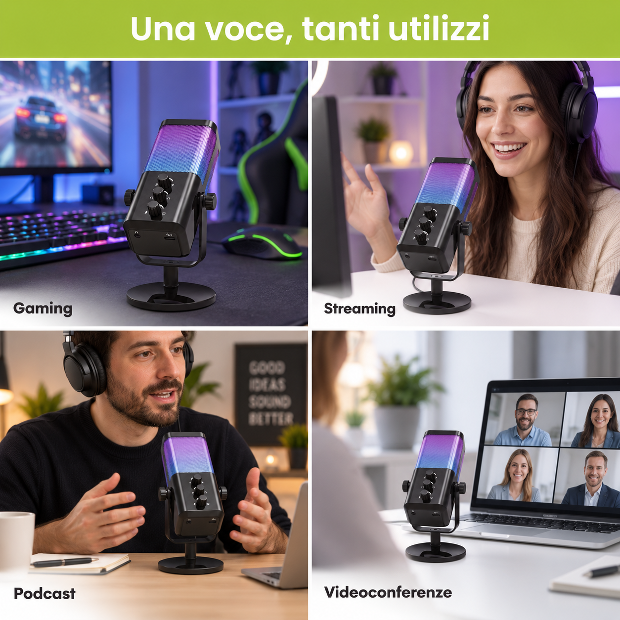 TekOne Microfono USB RGB Cardioide 24 bit/48 kHz con Jack 3,5 mm