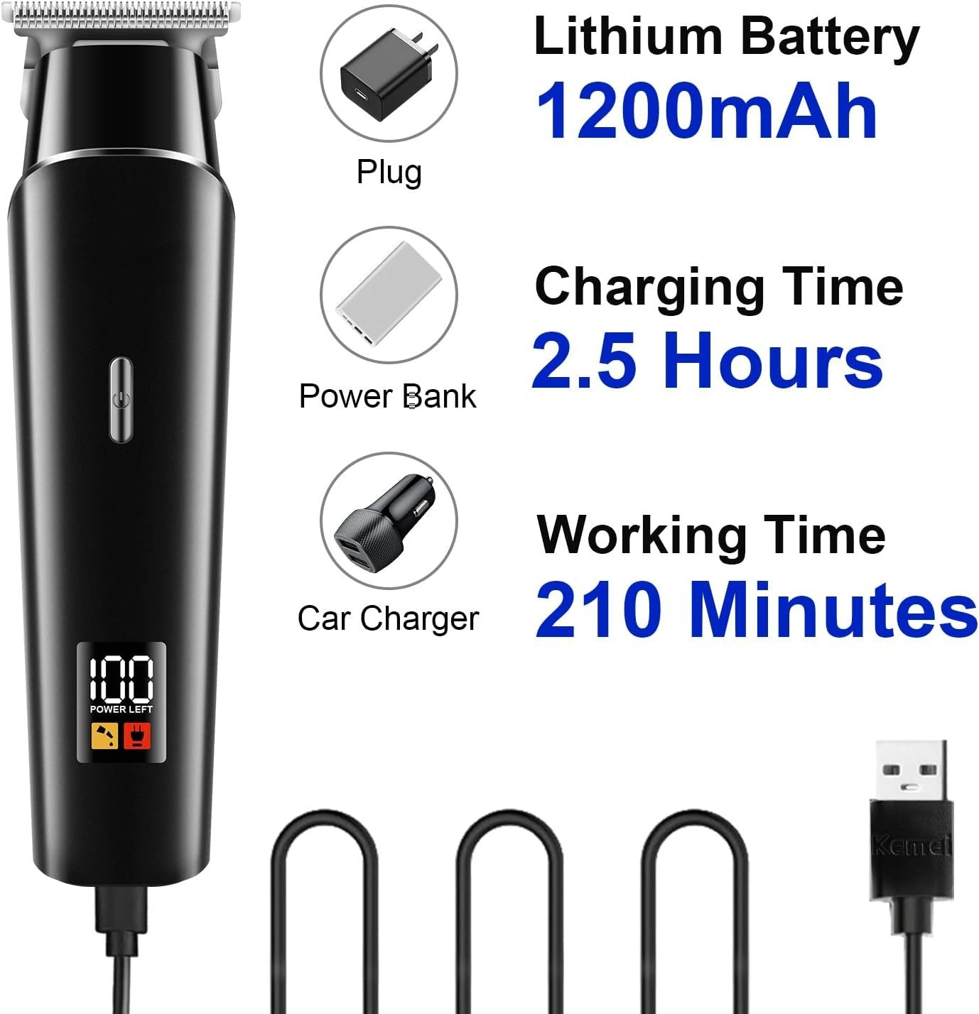 Tagliacapelli Ricaricabile TekOne – 210 Min Autonomia, Ricarica USB, Display LED