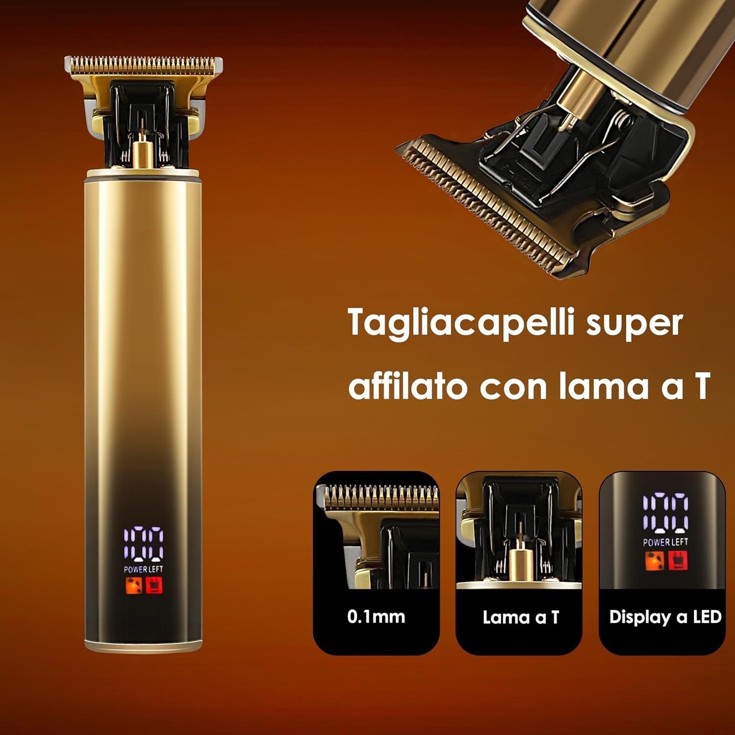 Tagliacapelli Ricaricabile TekOne – Design Gold, 150 Min Autonomia, Ricarica USB