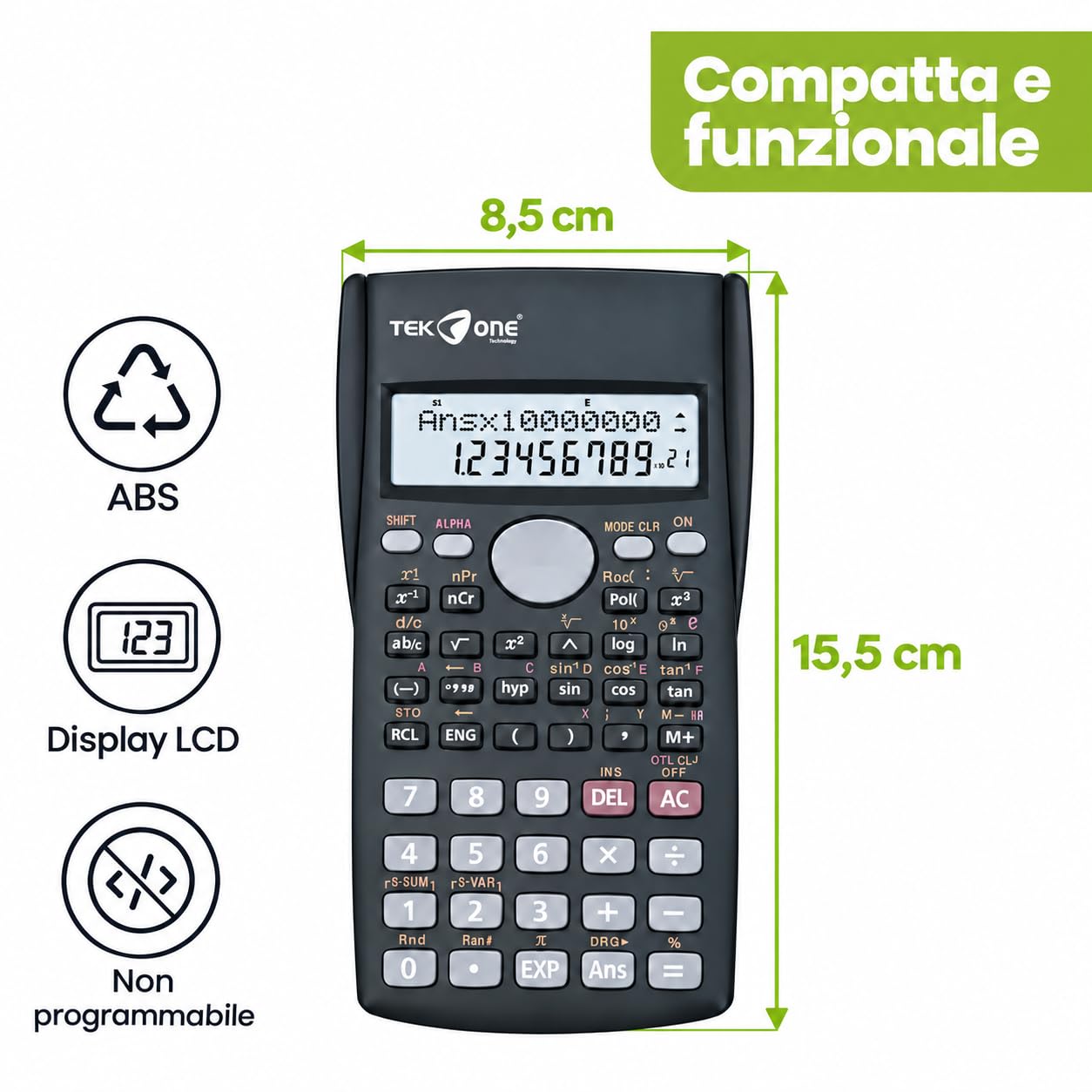 Calcolatrice Scientifica 240 Funzioni, Display LCD 2 Righe, Custodia Rigida