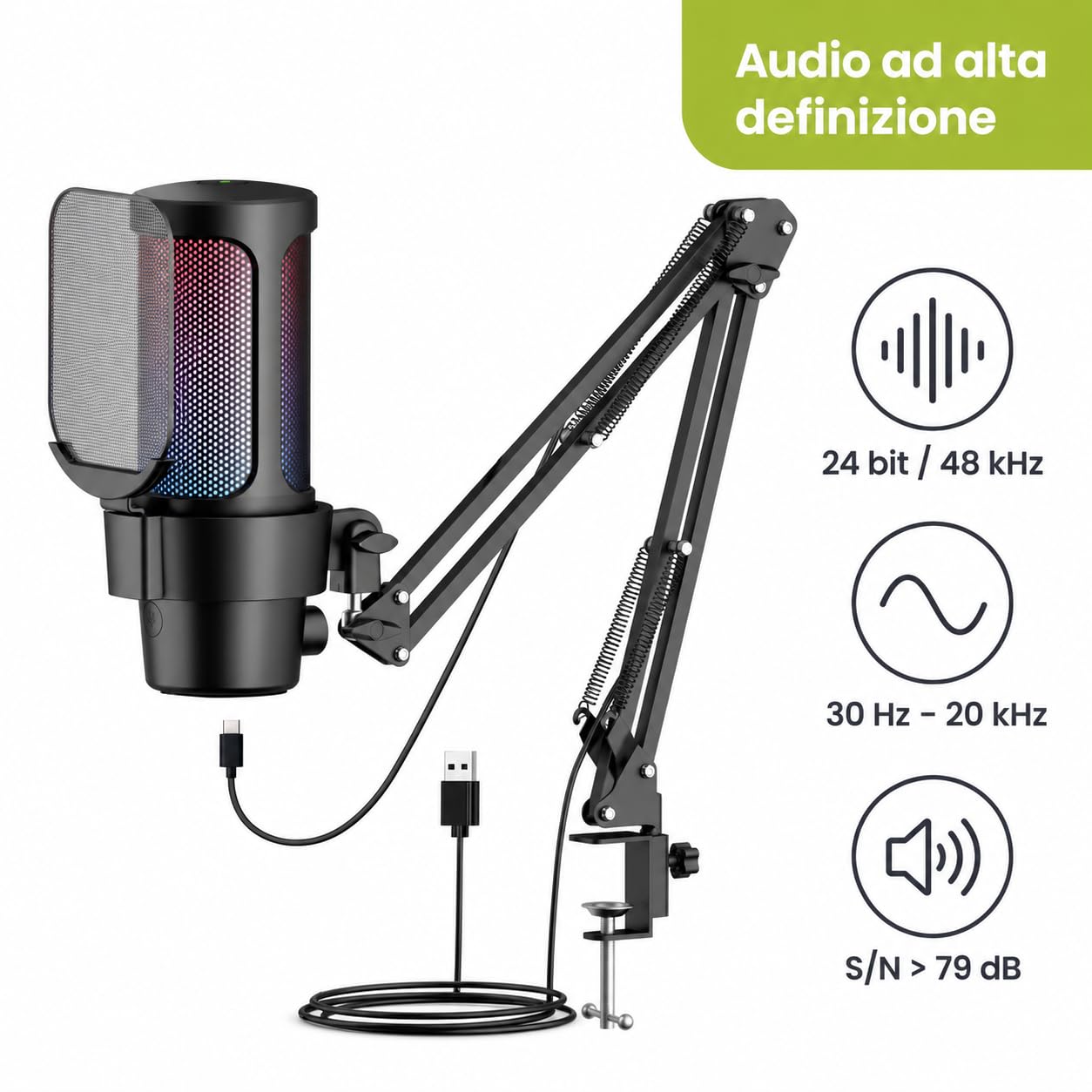 Microfono USB a Condensatore RGB 24 bit/48 kHz