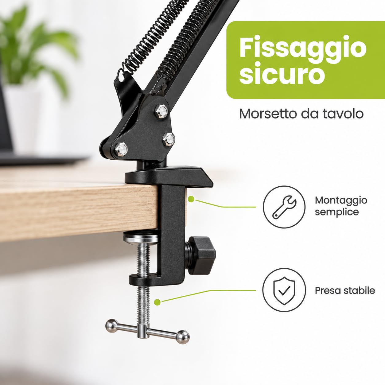 Braccio per Microfono Snodato da Tavolo, Portata 2 kg, Morsetto, 90 cm