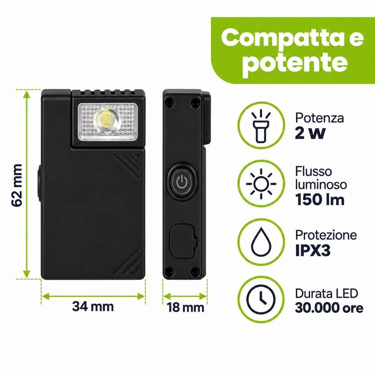 Luce da Lavoro LED Ricaricabile 2W 150 lm, 5 Modalità, Orientabile 180°