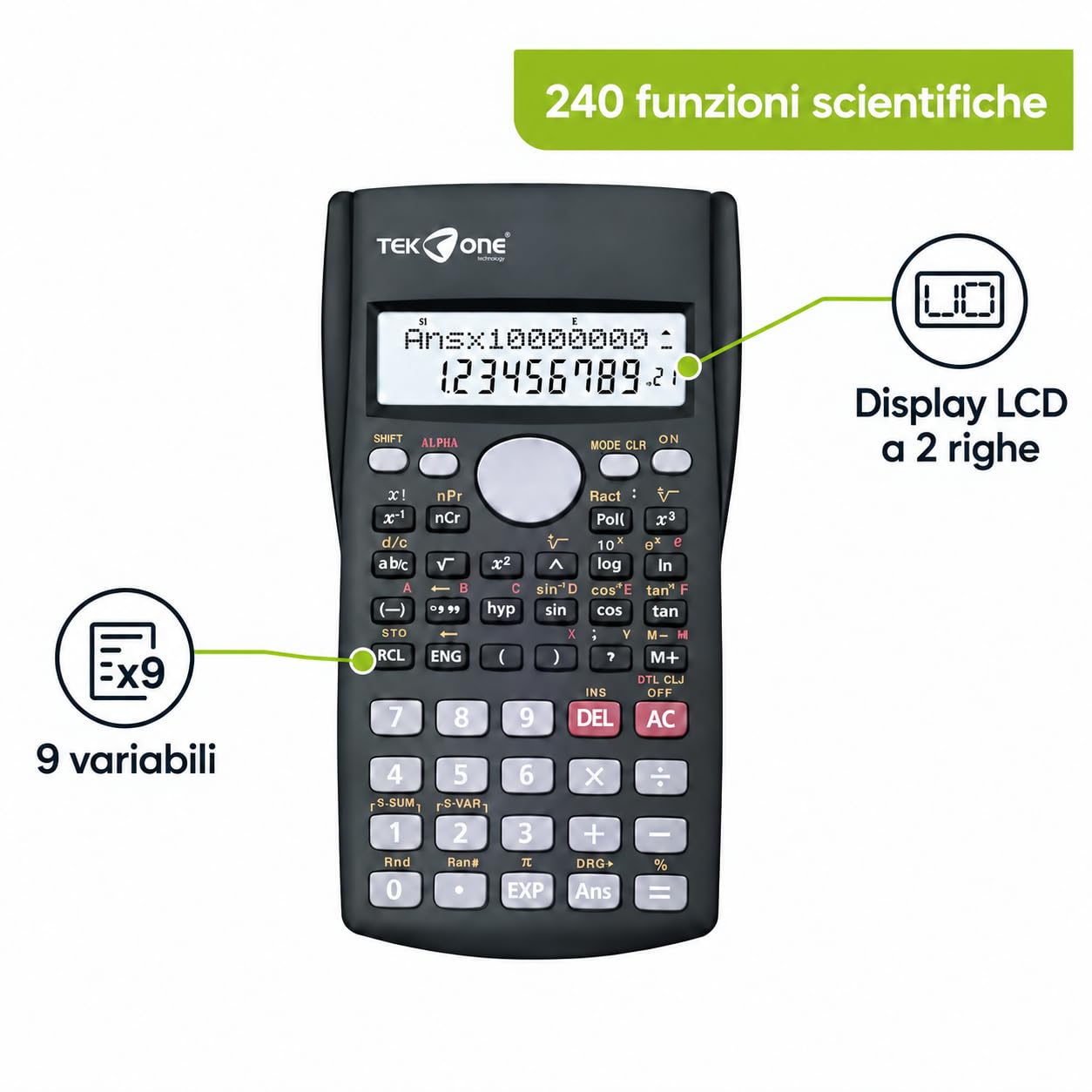 Calcolatrice Scientifica 240 Funzioni, Display LCD 2 Righe, Custodia Rigida