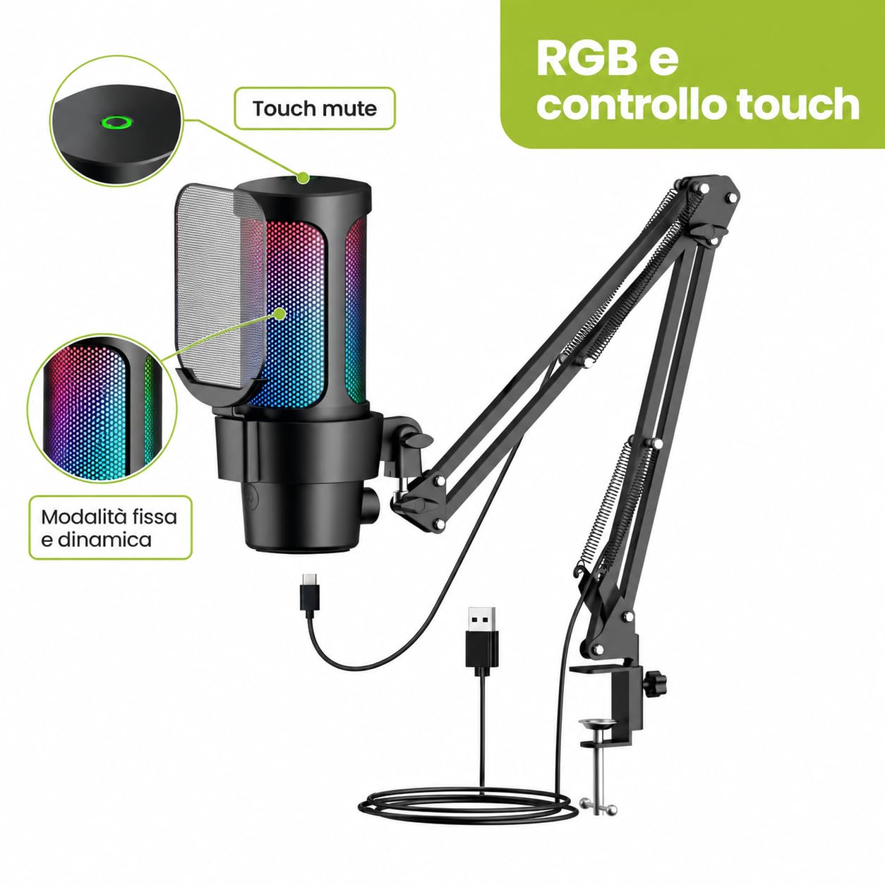 Microfono USB a Condensatore RGB 24 bit/48 kHz