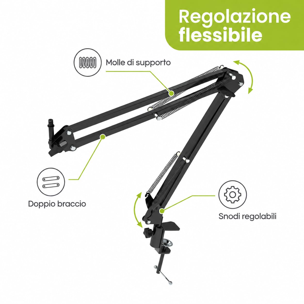 Braccio per Microfono Snodato da Tavolo, Portata 2 kg, Morsetto, 90 cm