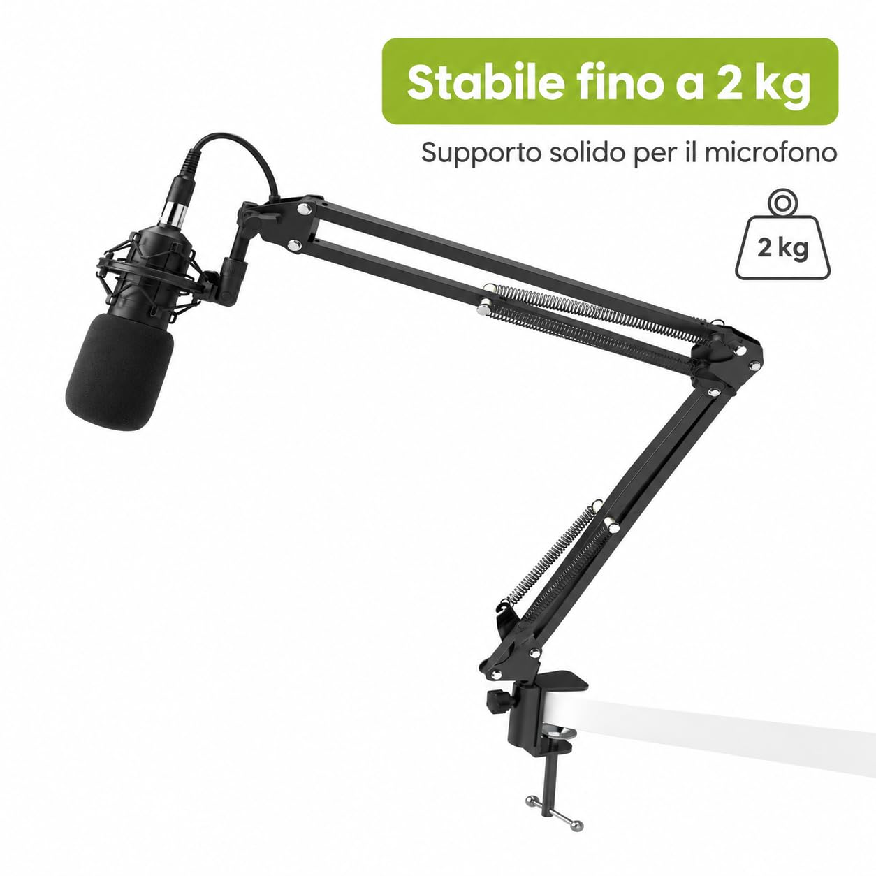 Braccio per Microfono Snodato da Tavolo, Portata 2 kg, Morsetto, 90 cm