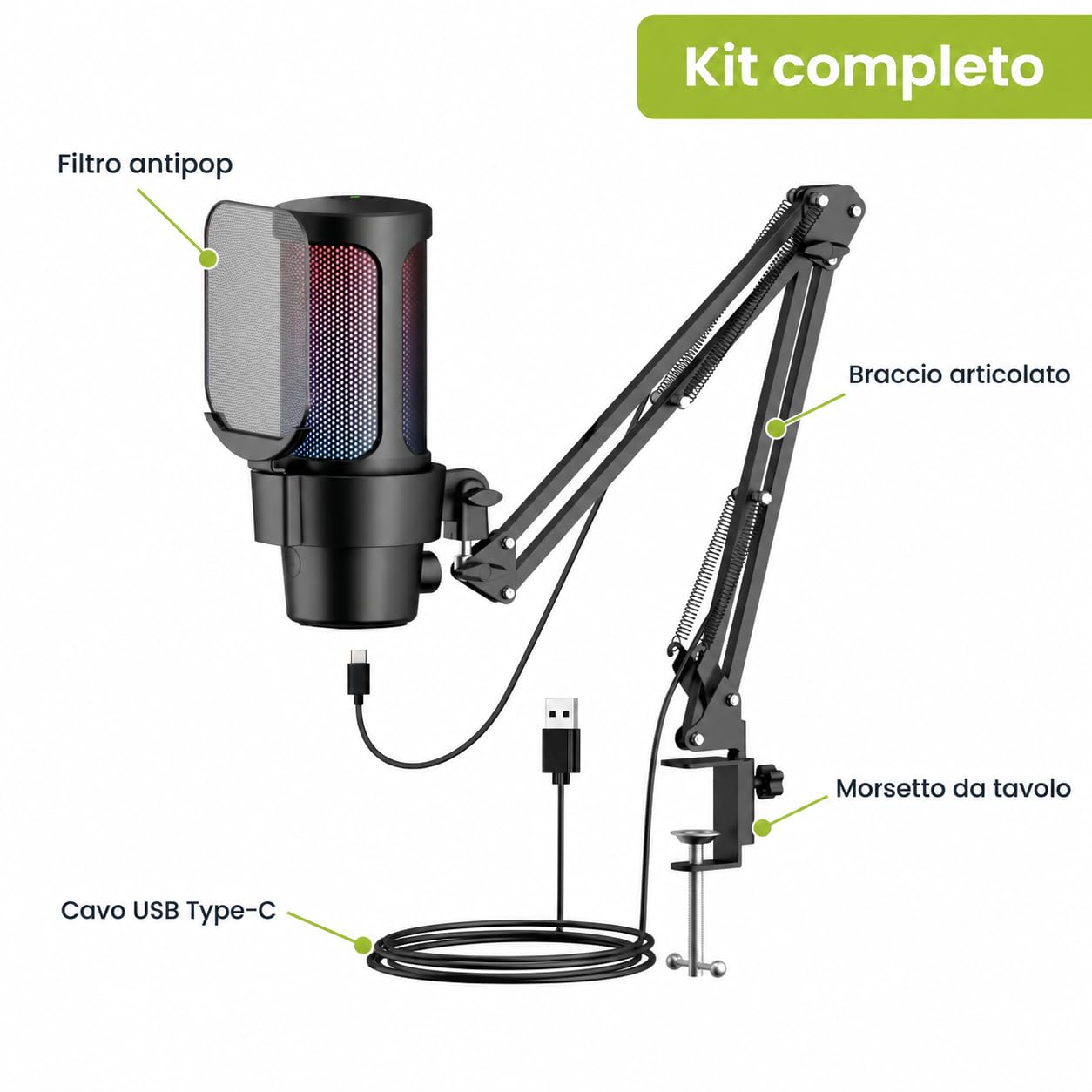 Microfono USB a Condensatore RGB 24 bit/48 kHz