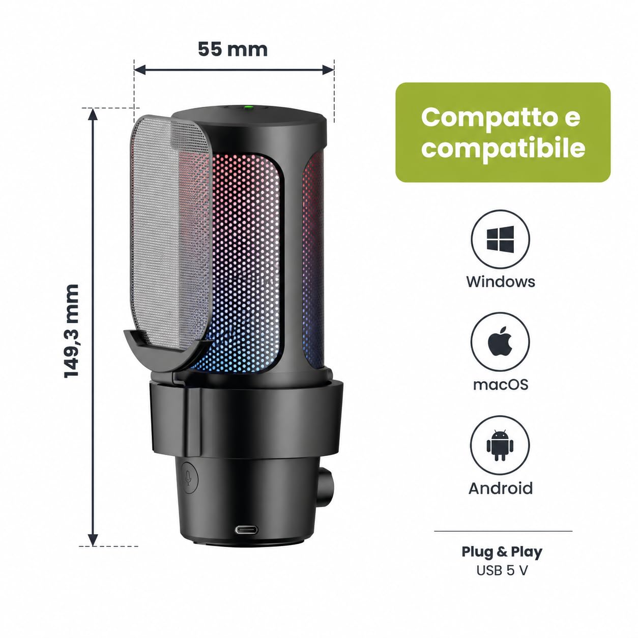 Microfono USB a Condensatore RGB 24 bit/48 kHz