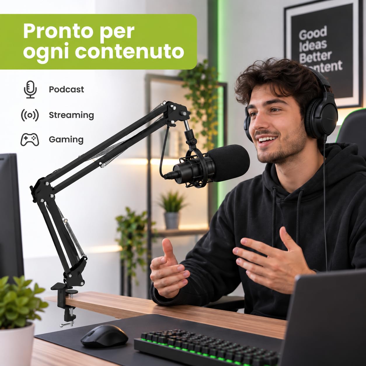 Braccio per Microfono Snodato da Tavolo, Portata 2 kg, Morsetto, 90 cm