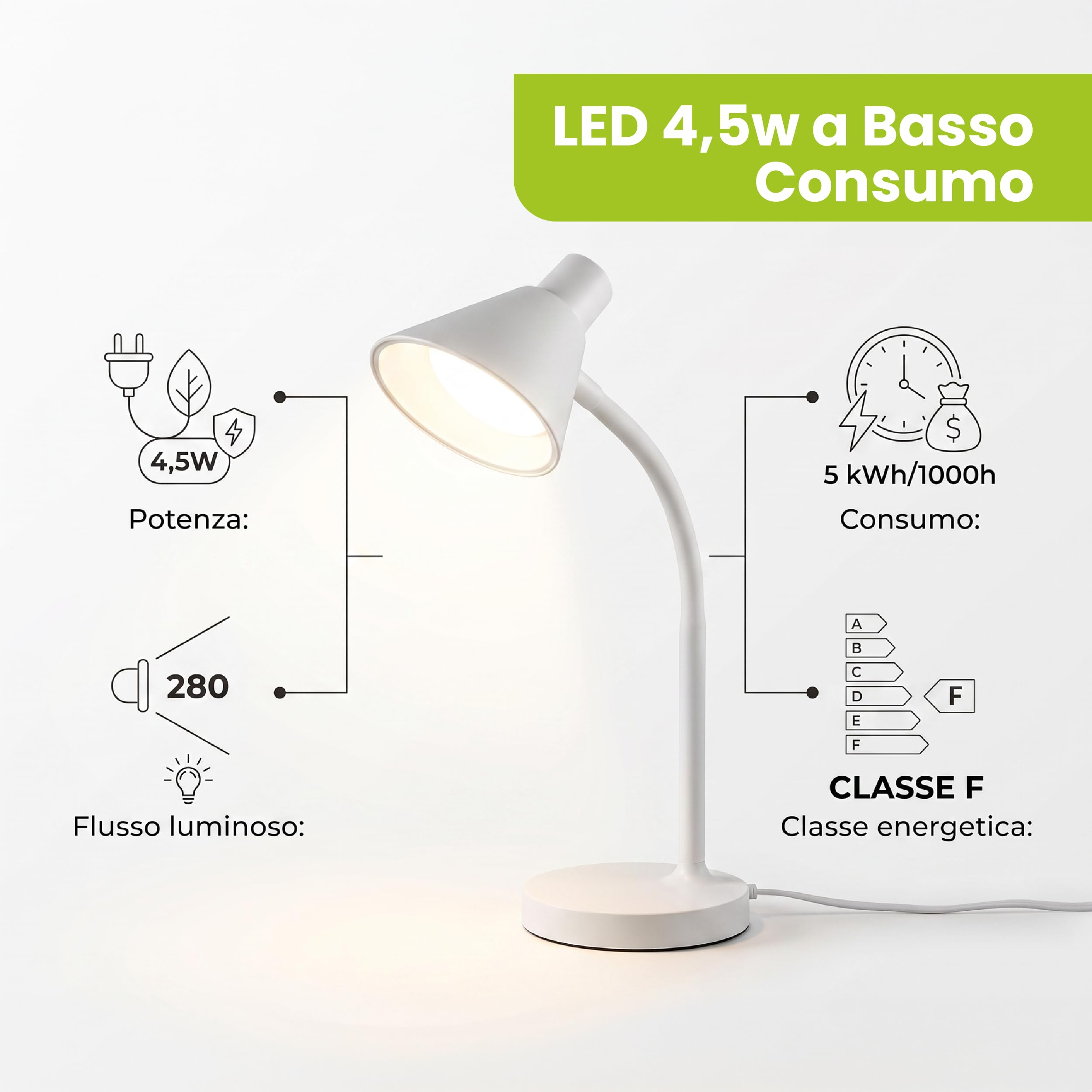 TekOne PL-0370 Lampada da Tavolo LED 4,5 W con Collo Flessibile