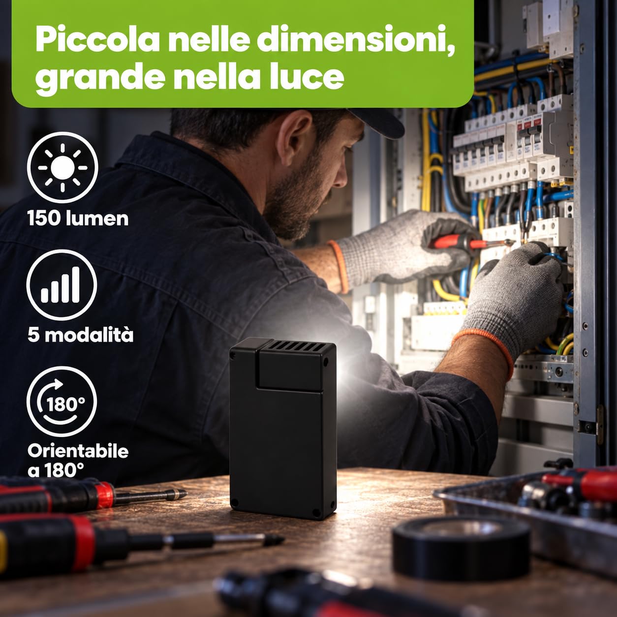 Luce da Lavoro LED Ricaricabile 2W 150 lm, 5 Modalità, Orientabile 180°