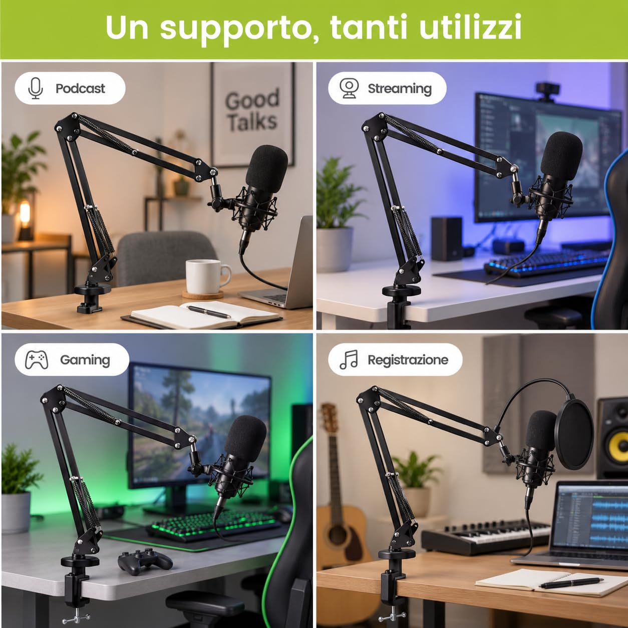 Braccio per Microfono Snodato da Tavolo, Portata 2 kg, Morsetto, 90 cm