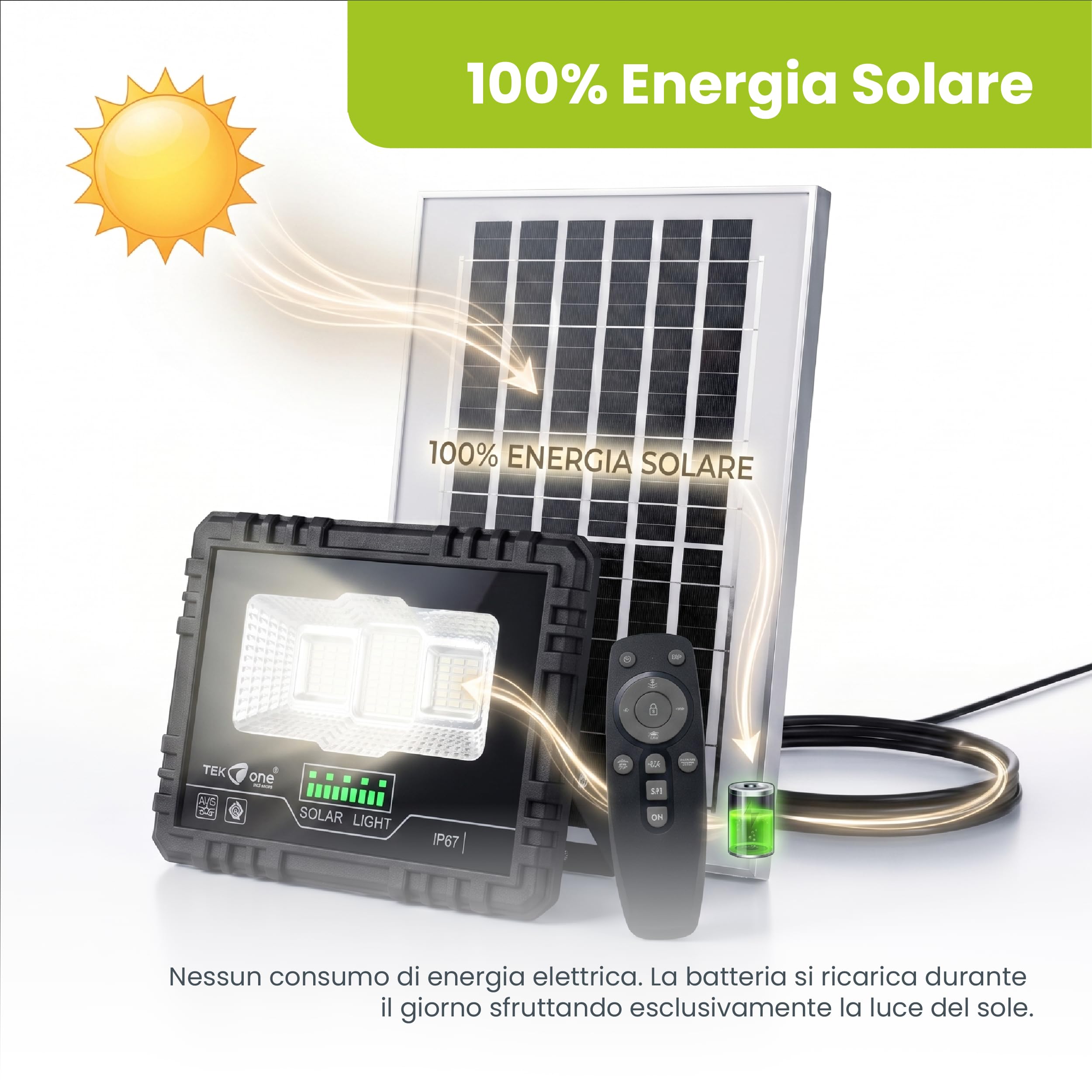 Faro LED Solare da Esterno 40W IP67 con Pannello Separato e Telecomando