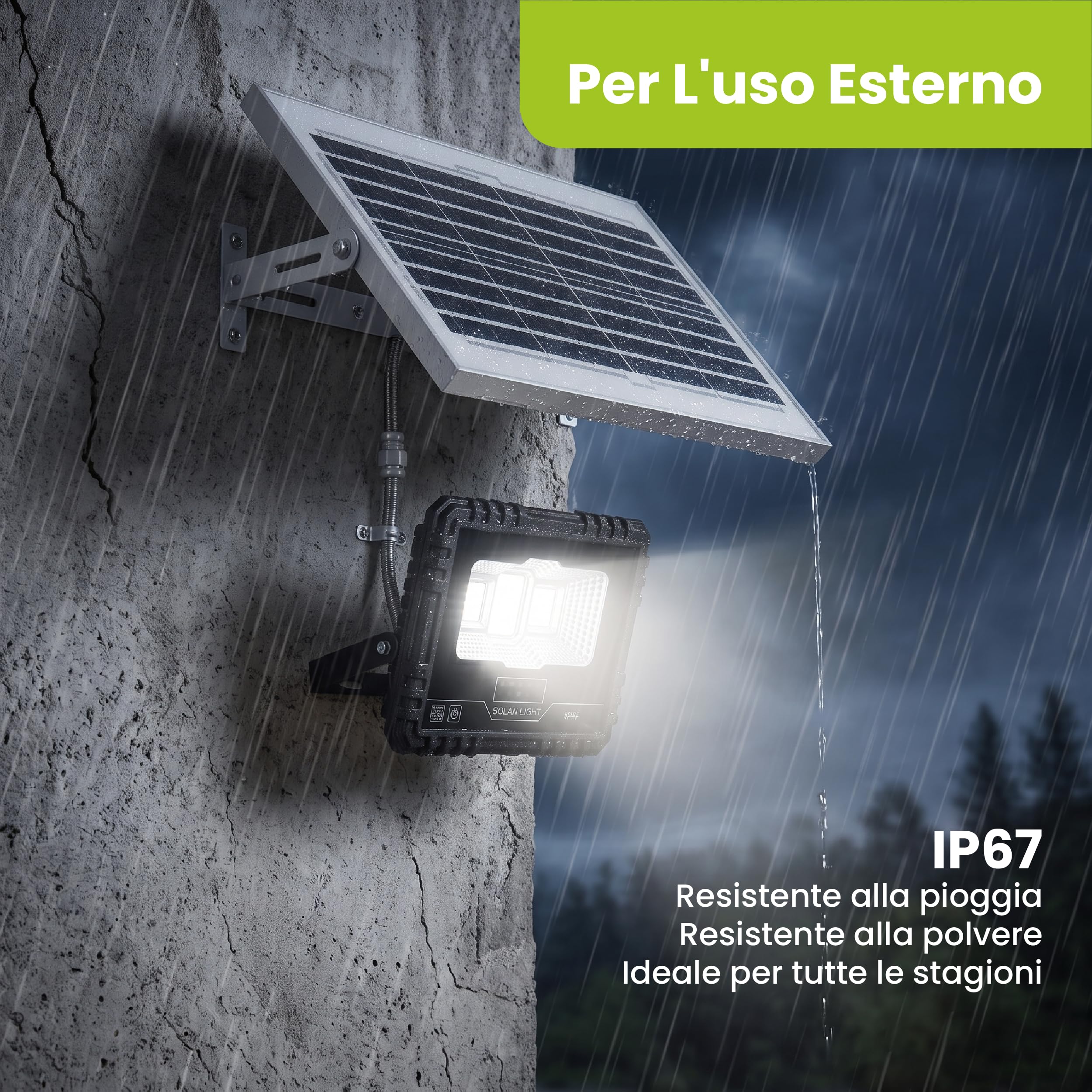 Faro LED Solare da Esterno 40W IP67 con Pannello Separato e Telecomando