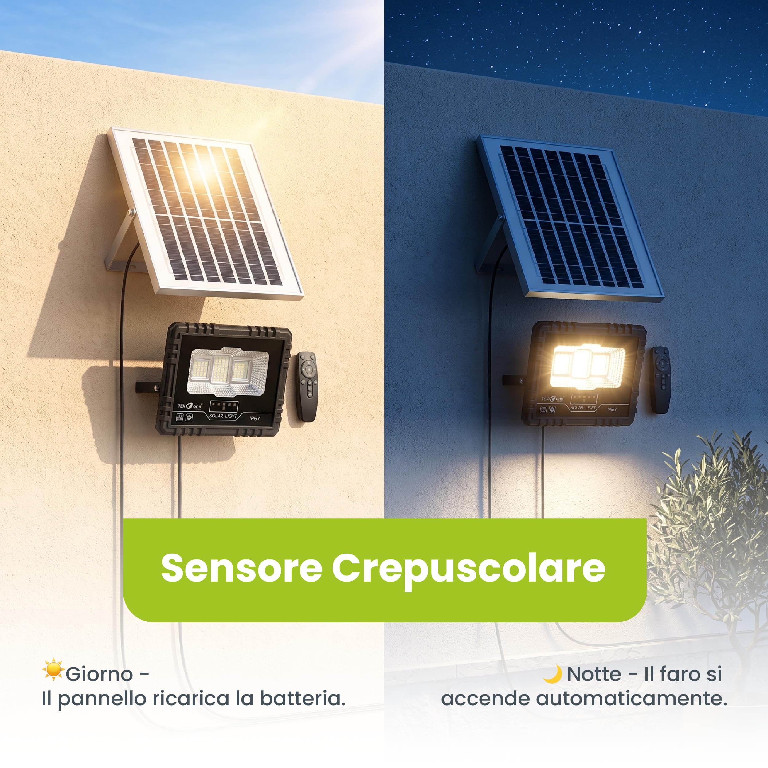 Faro LED Solare da Esterno 40W IP67 con Pannello Separato e Telecomando