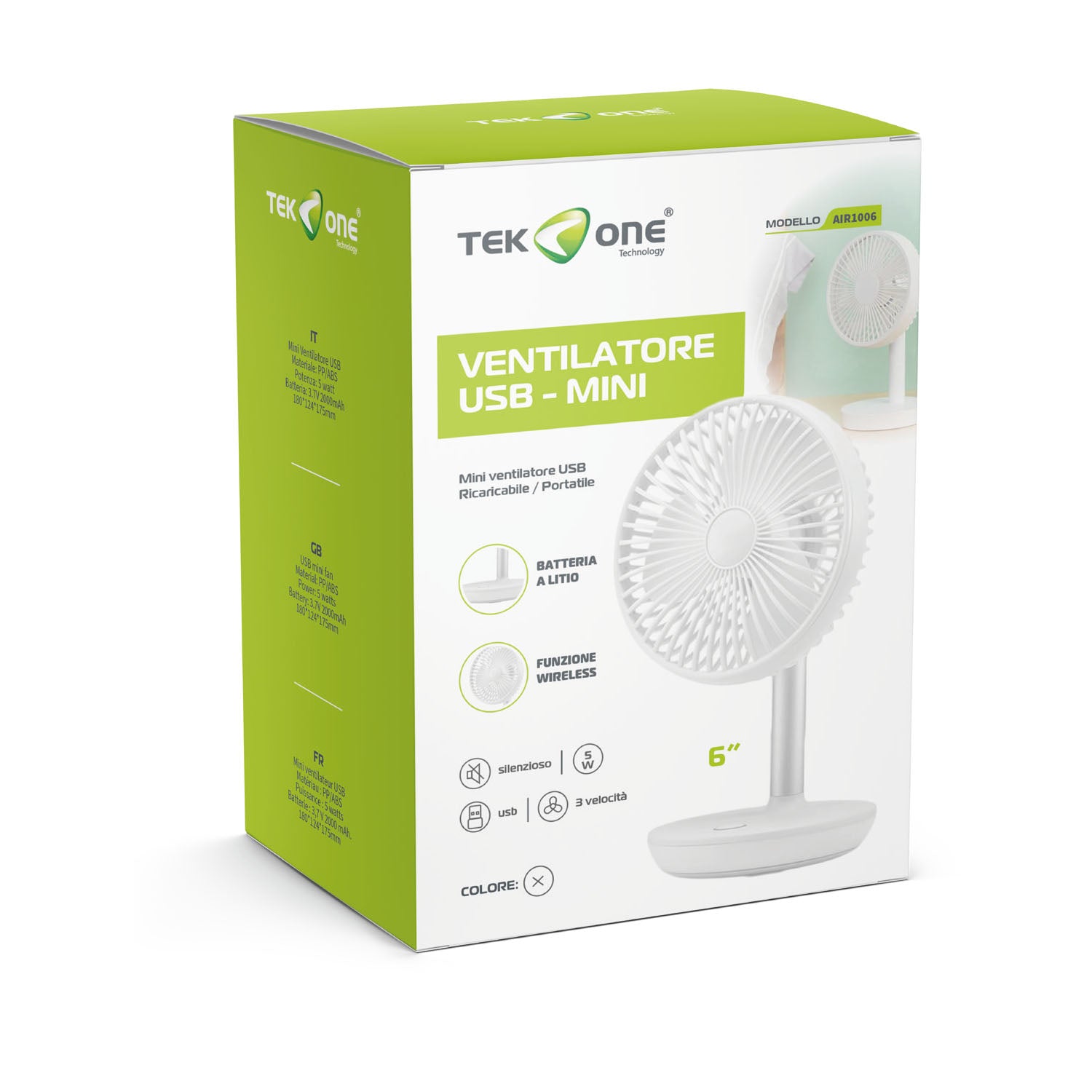 TekOne Mini Ventilatore USB Silenzioso con Batteria 2000mAh, 3 Velocità e Oscillazione 90° – Wireless e Portatile