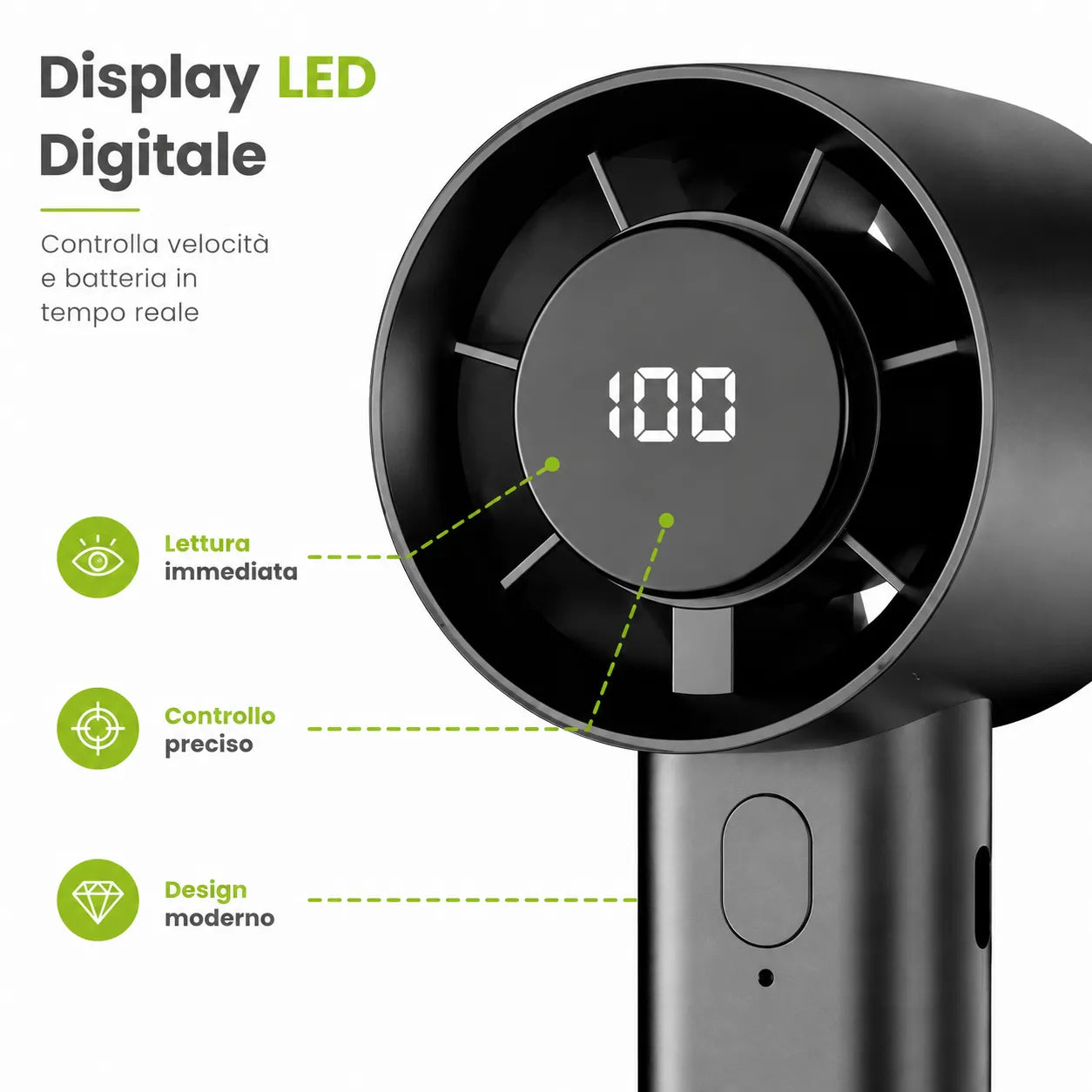 Tekone Ventilatore Portatile Ricaricabile con Display LED e Supporto Smartphone