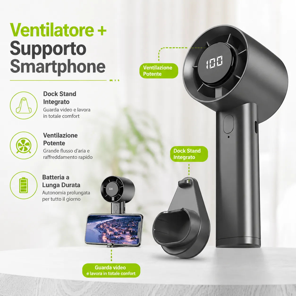 Tekone Ventilatore Portatile Ricaricabile con Display LED e Supporto Smartphone