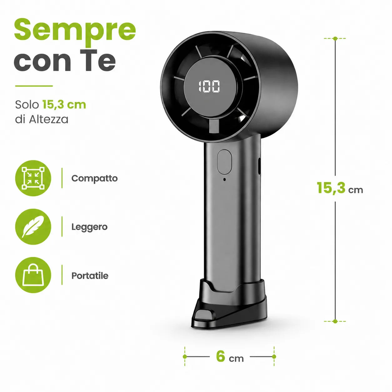 Tekone Ventilatore Portatile Ricaricabile con Display LED e Supporto Smartphone