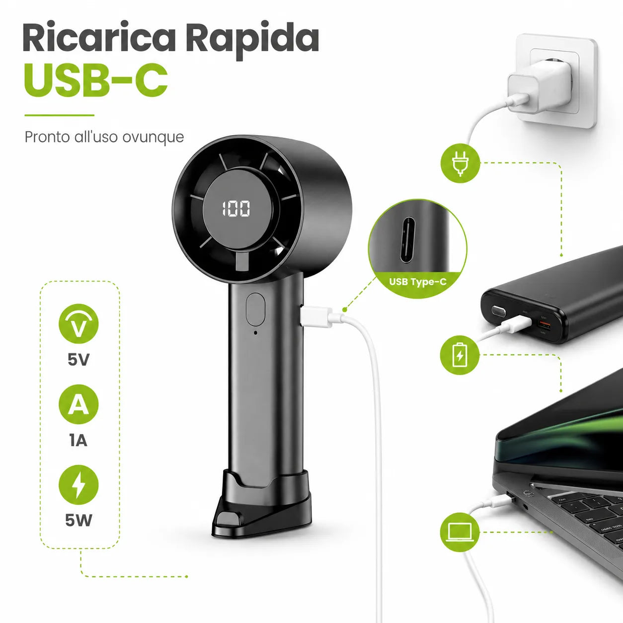 Tekone Ventilatore Portatile Ricaricabile con Display LED e Supporto Smartphone