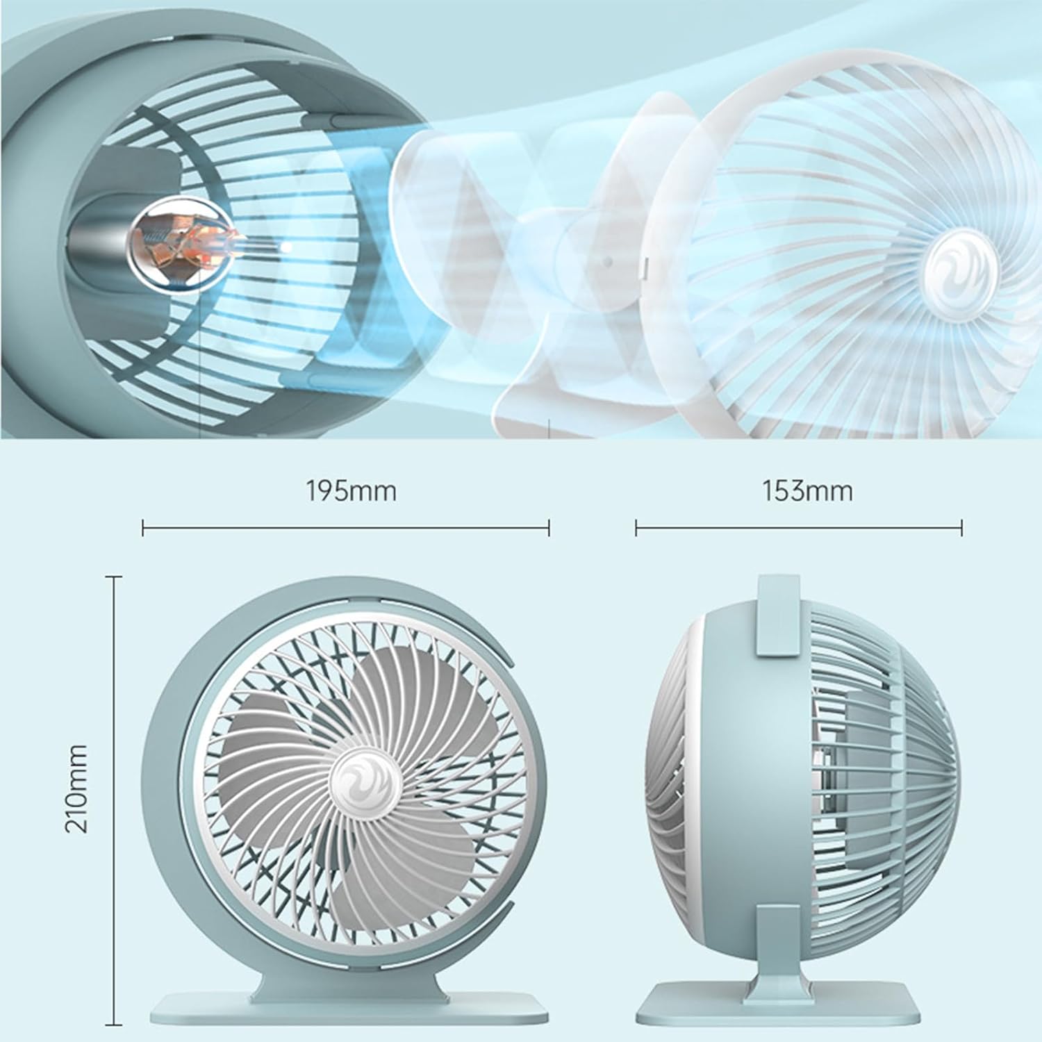 TekOne Mini Ventilatore USB 5W Silenzioso con 3 Velocità, Batteria 800mAh – Design Moderno e Potente