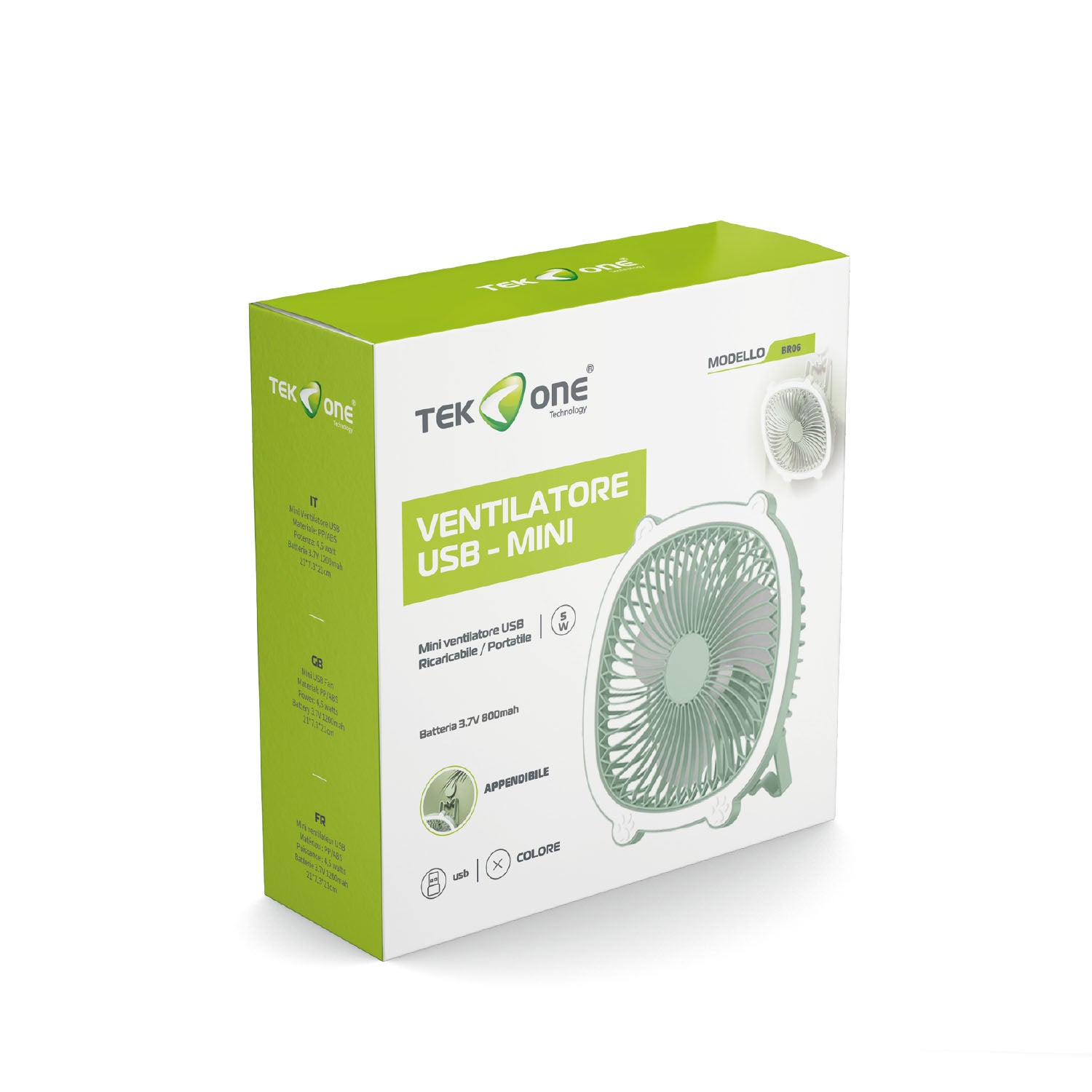 TekOne Mini Ventilatore USB 5W Appendibile con 3 Velocità – Batteria 800mAh, Silenzioso e Compatto