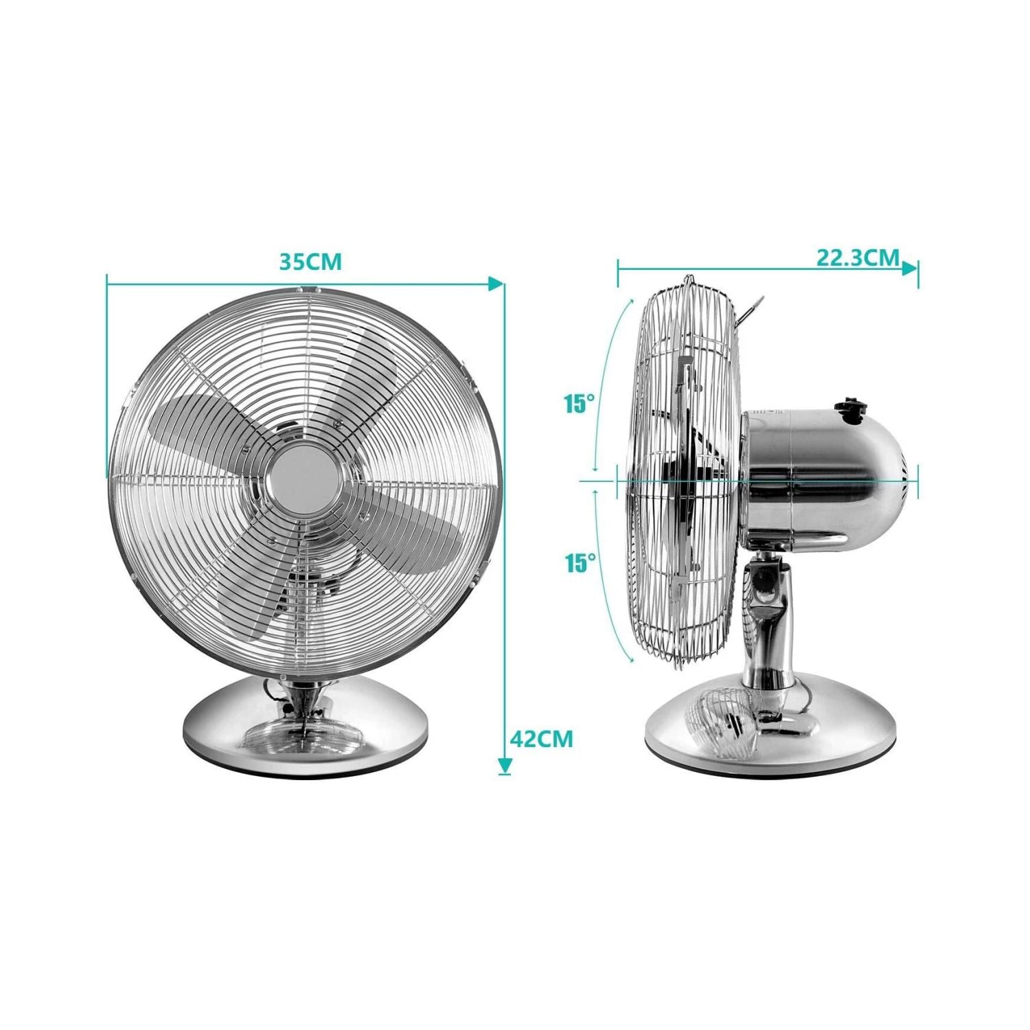 TekOne Ventilatore da Tavolo in Metallo 35W, 2 Velocità, Design Cromato Compatto e Potente