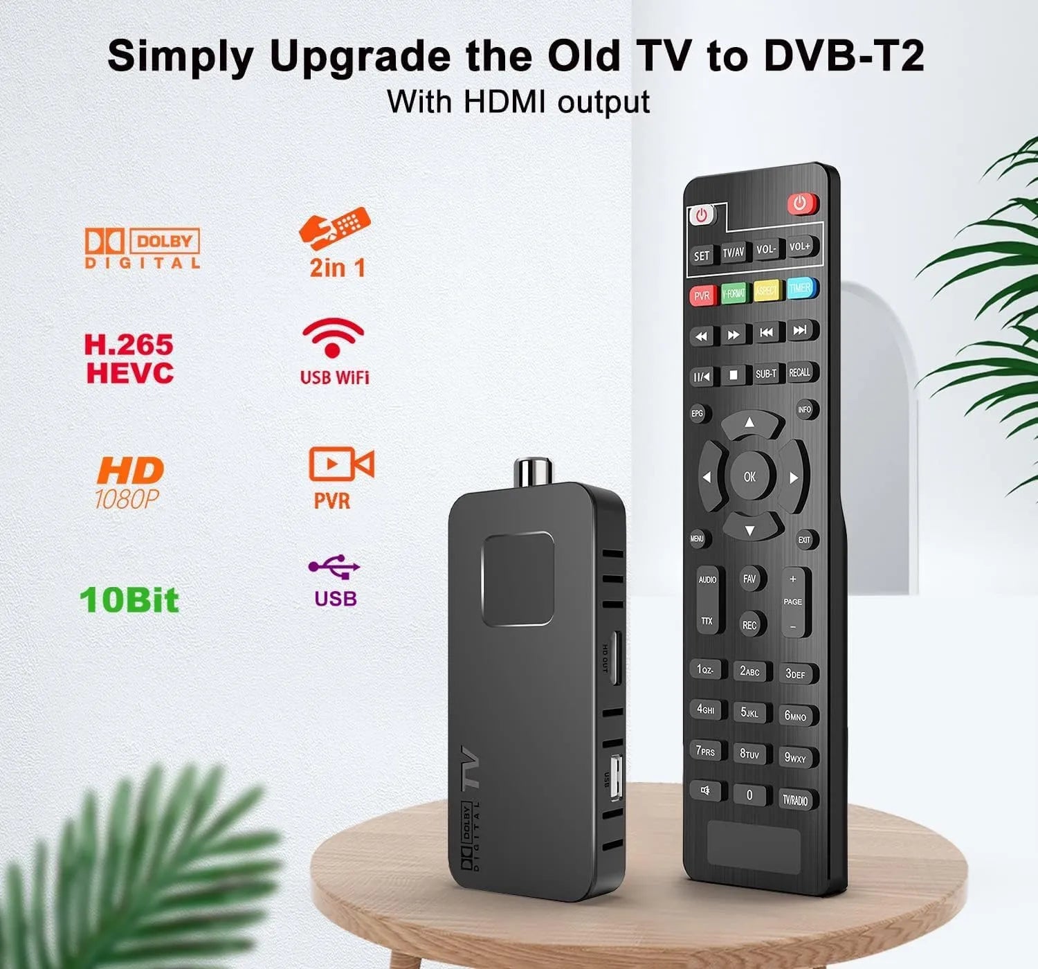 Decoder DVB-T2 Stick HDMI Tekone HD-188 | Full HD 1080P, H.265, Dolby, USB