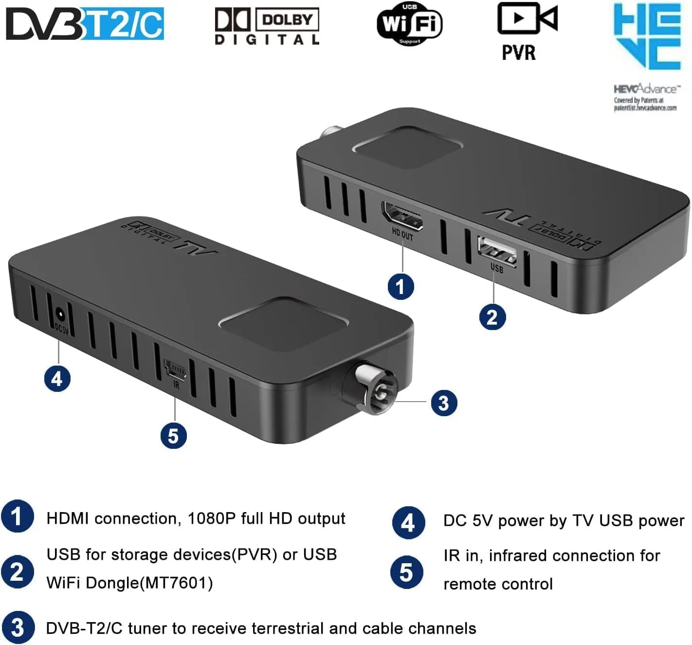 Decoder DVB-T2 Stick HDMI Tekone HD-188 | Full HD 1080P, H.265, Dolby, USB