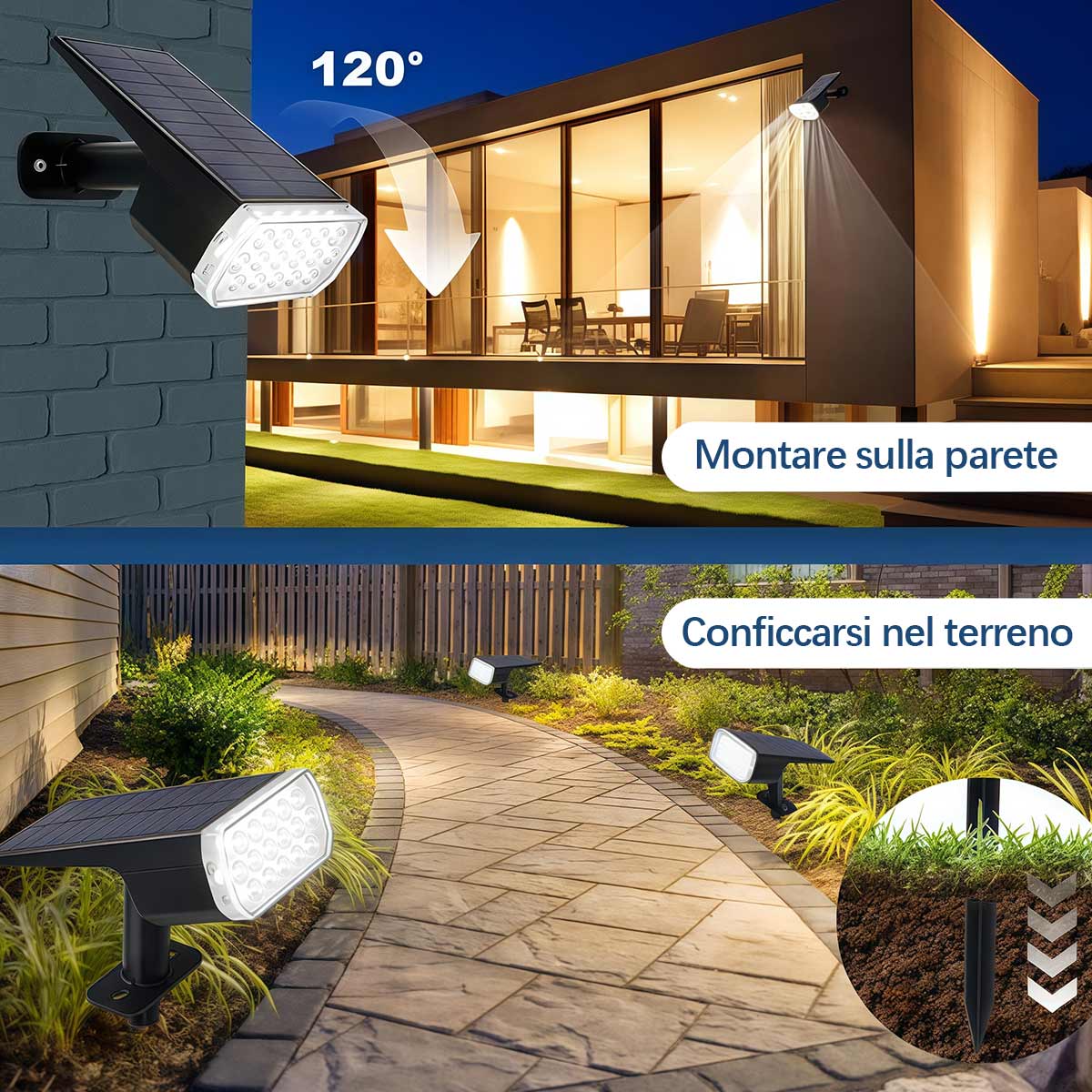 Tekone Luce da Giardino Solare LED con Picchetto – Effetto Decorativo, Batteria 1200mAh, Sensore Crepuscolare