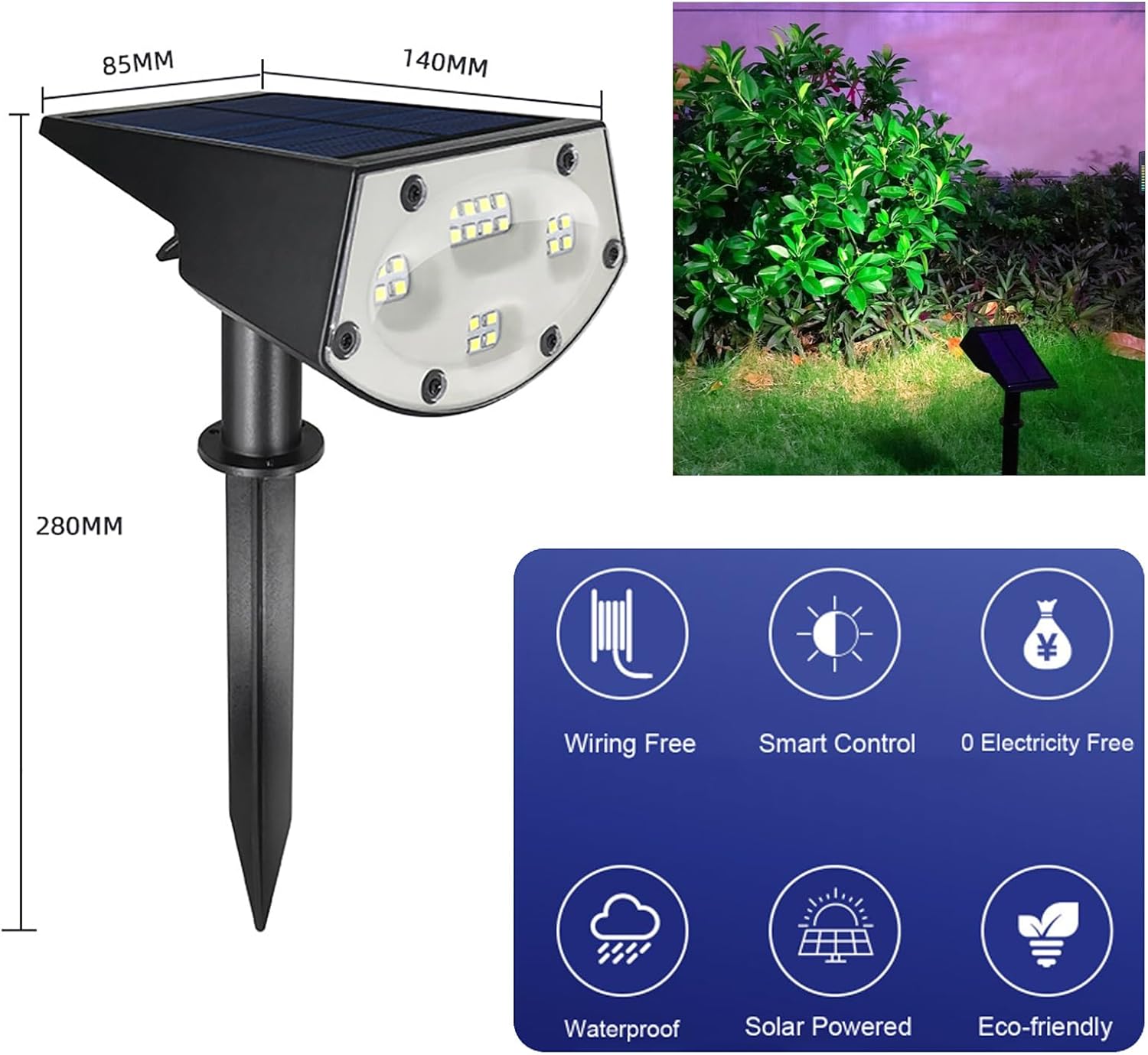 Tekone Faretto Solare LED da Giardino con Picchetto – Batteria 1800mAh, Pannello Solare 5,5V, Illuminazione Esterna Automatica