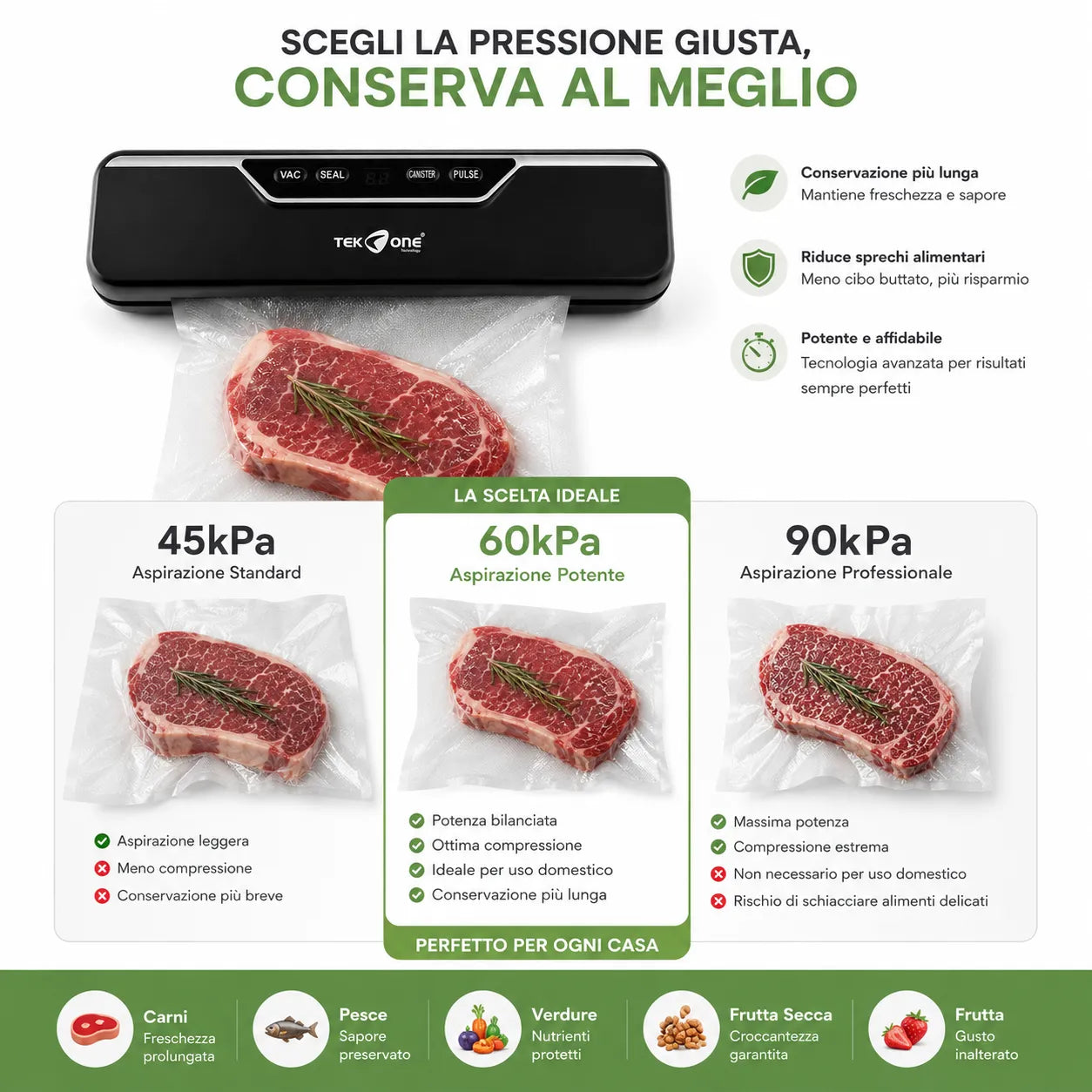 Tekone Confezionatrice Sottovuoto 110W con Display e 10 Sacchetti