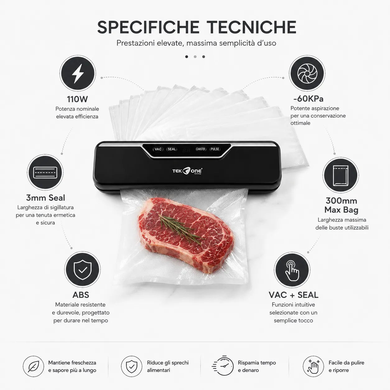 Tekone Confezionatrice Sottovuoto 110W con Display e 10 Sacchetti