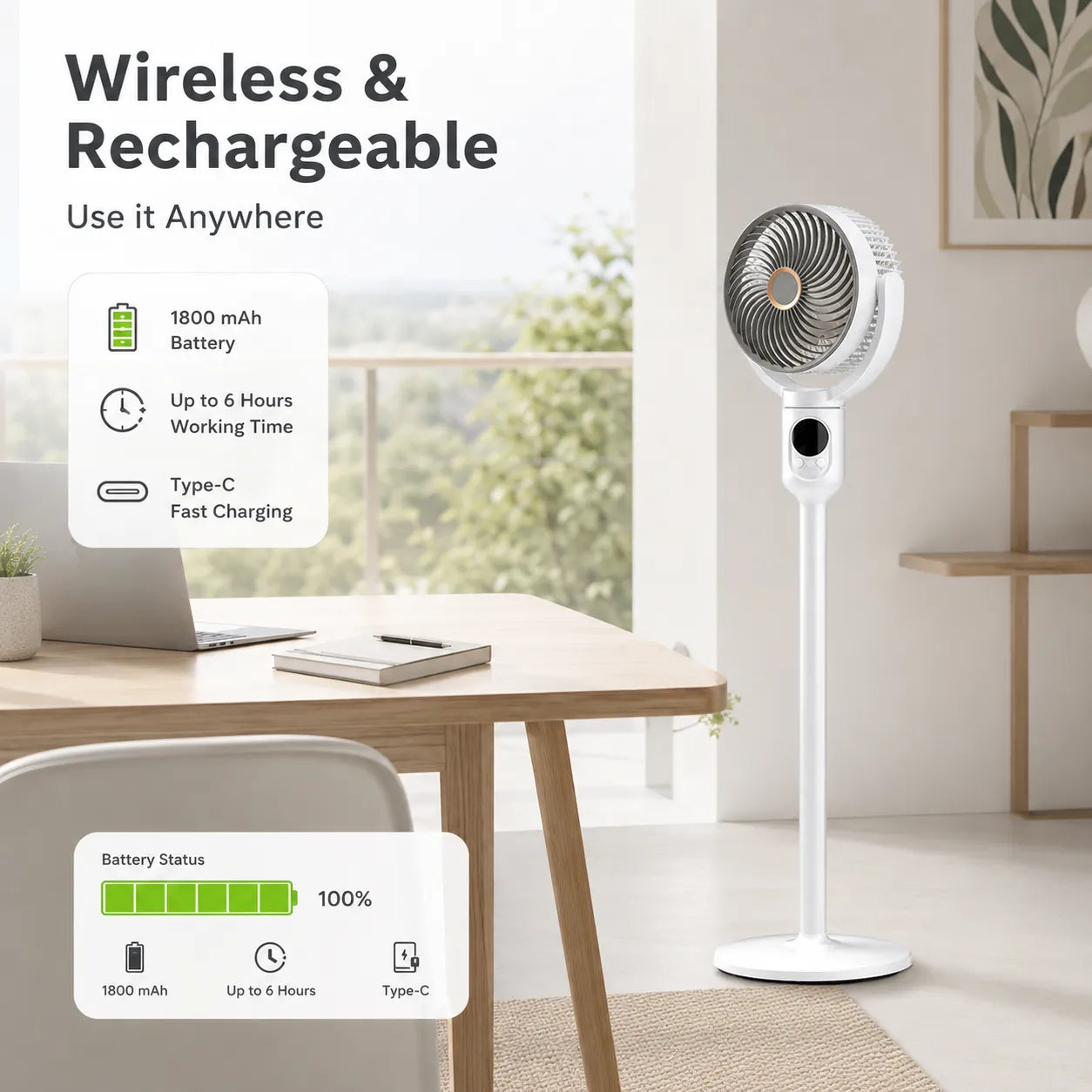 Tekone Ventilatore a Piantana Ricaricabile con Telecomando e LED