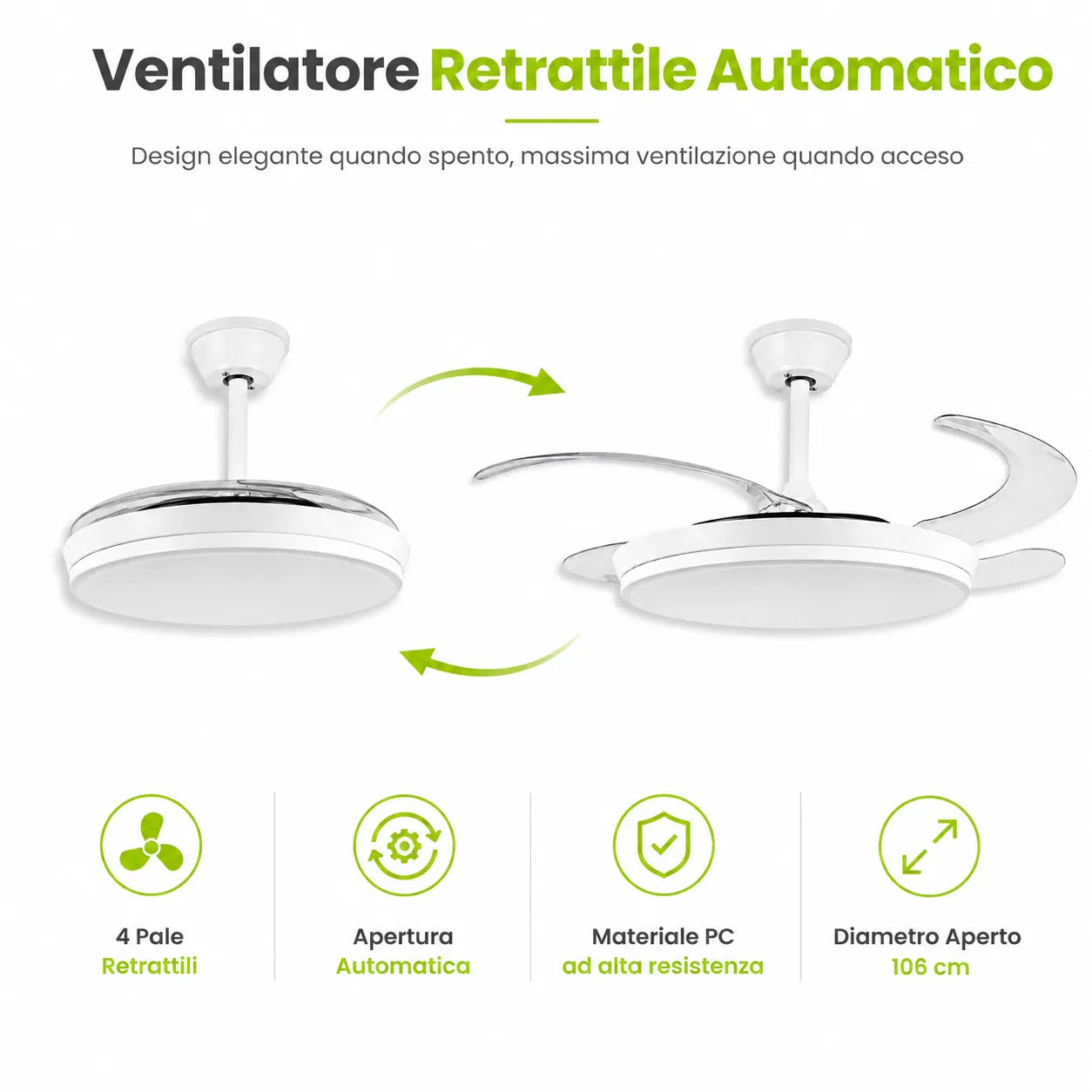 Tekone Lampadario LED con Ventilatore Retrattile 36W e Telecomando