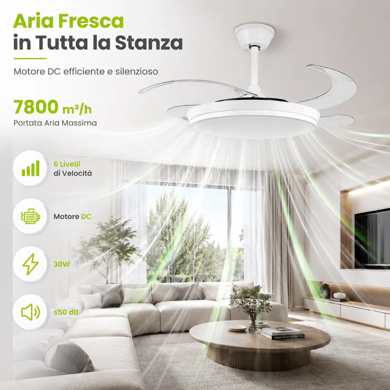 Tekone Lampadario LED con Ventilatore Retrattile 36W e Telecomando