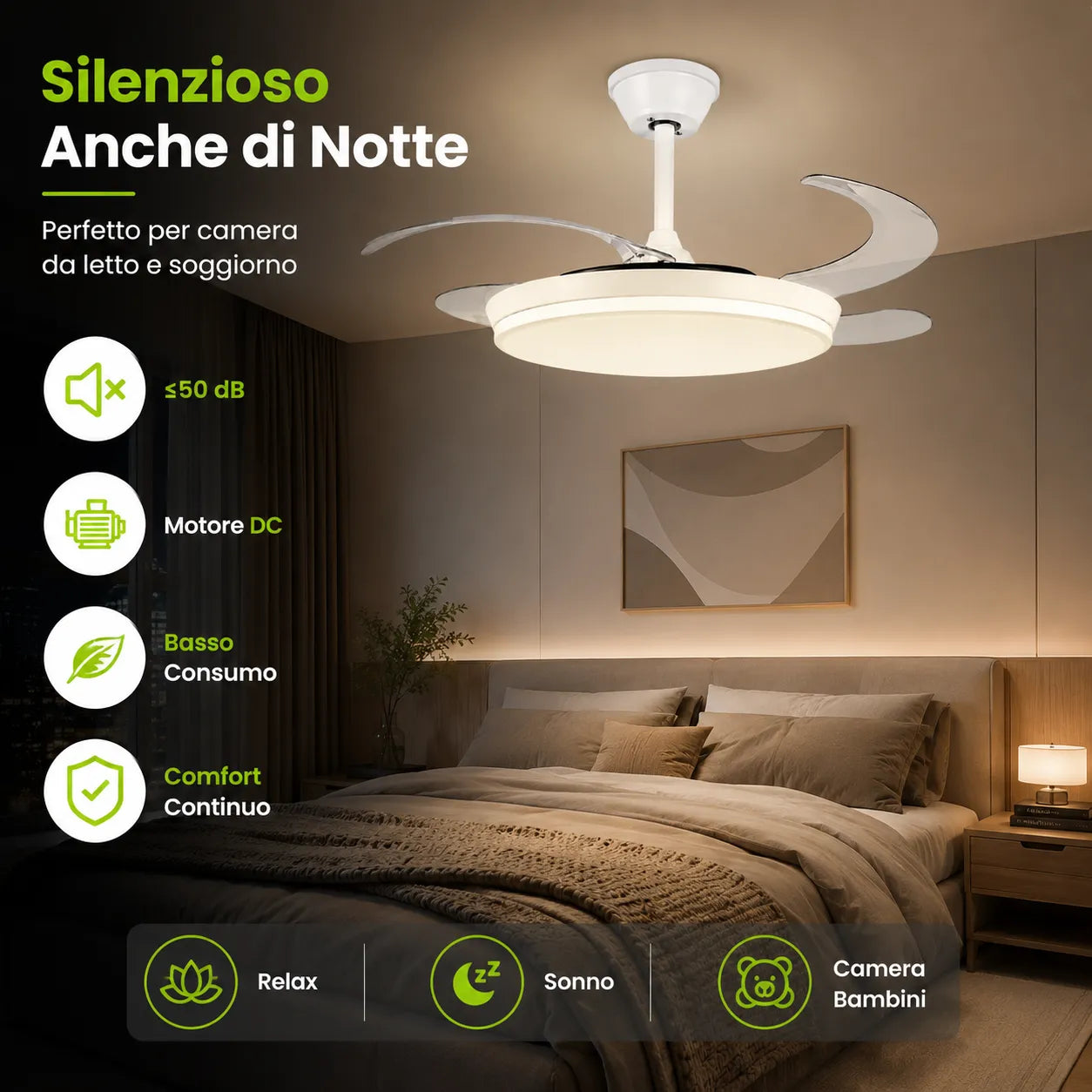 Tekone Lampadario LED con Ventilatore Retrattile 36W e Telecomando