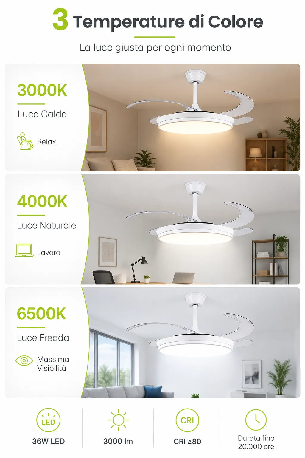 Tekone Lampadario LED con Ventilatore Retrattile 36W e Telecomando